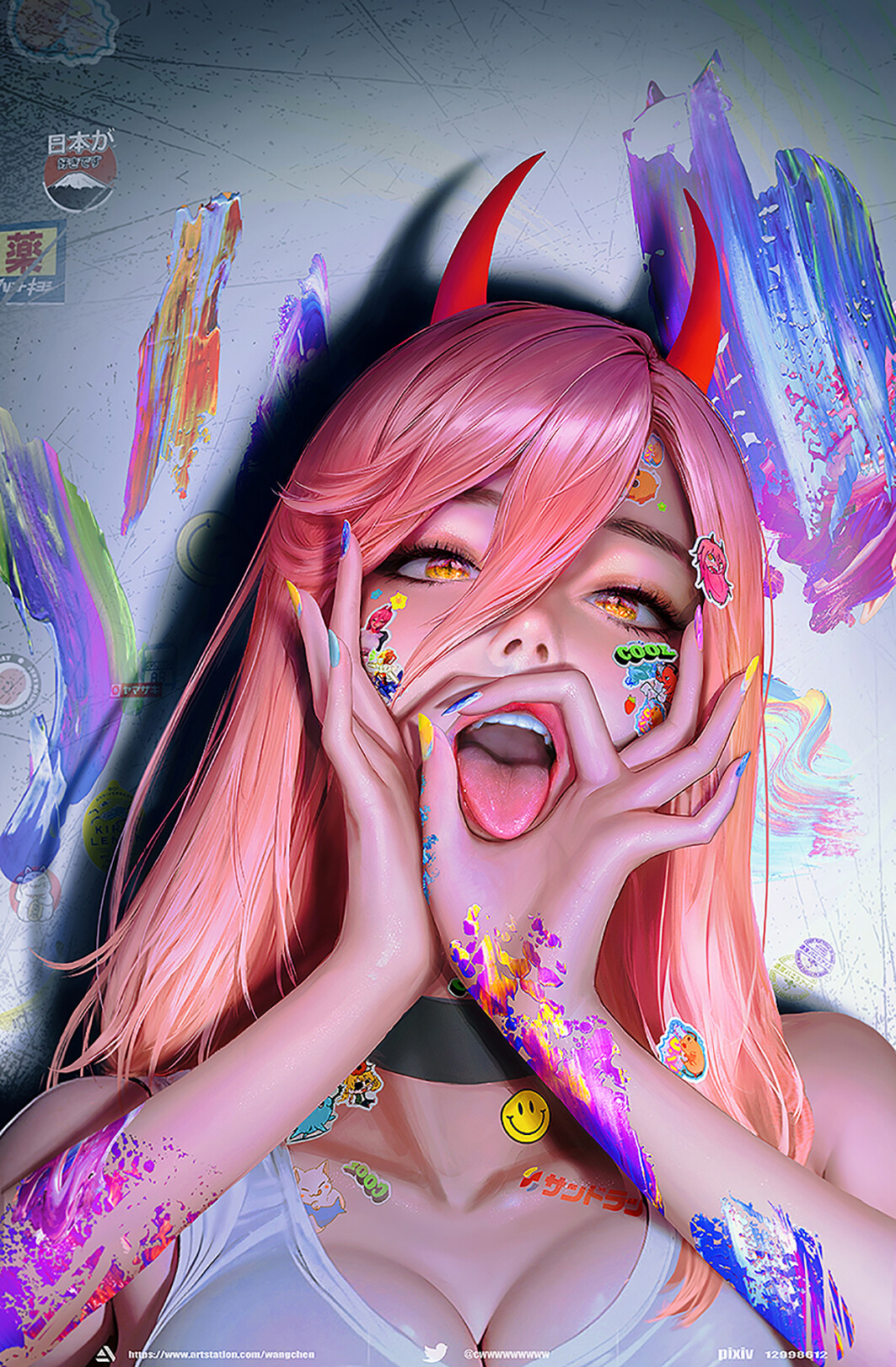 Chen Wang Drawing Women Pink Hair Colorful Tongue Out Body Paint Horns Hand Gesture Open Mouth Anime 1063x1621