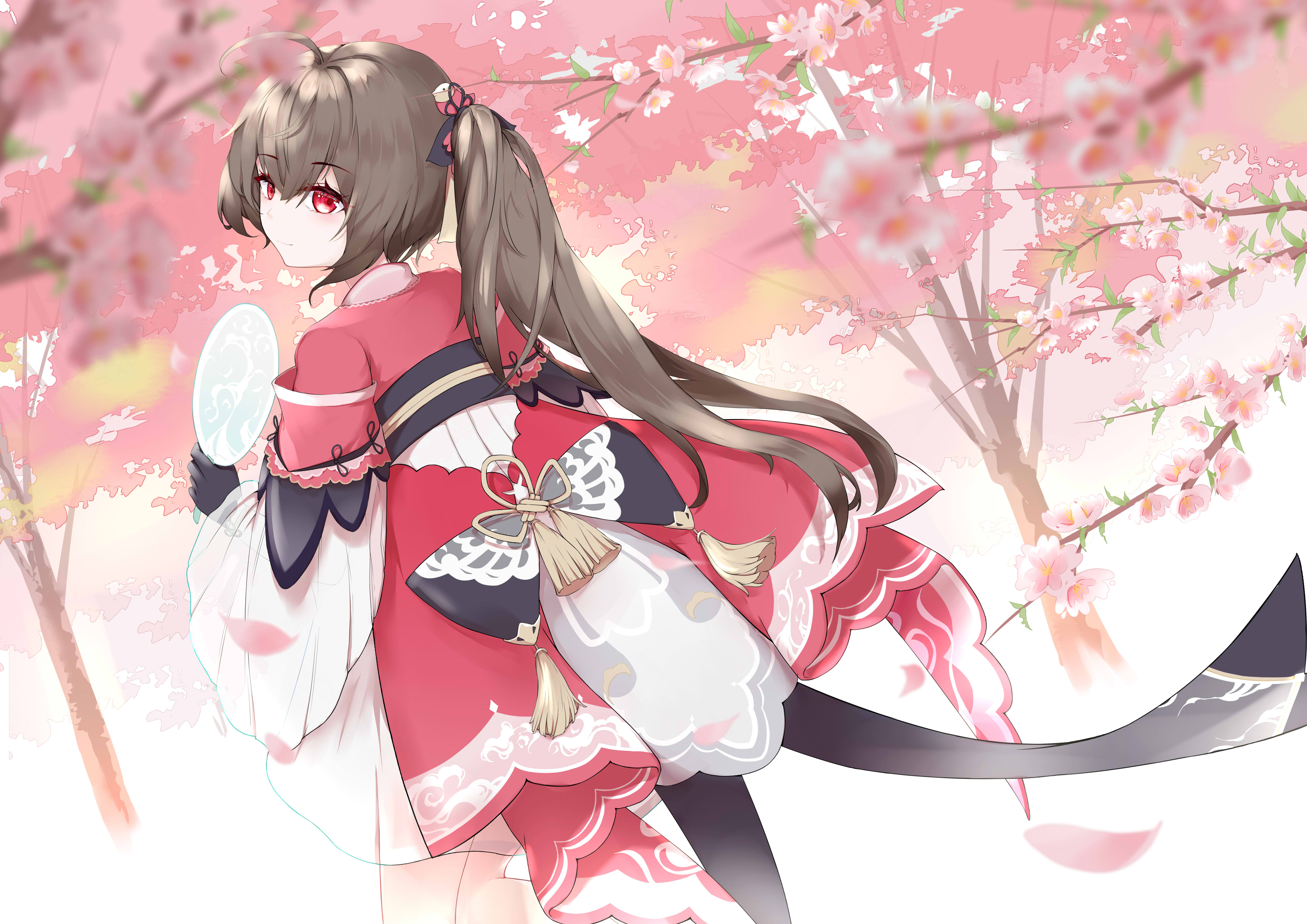 Anime Girls Lingyuan Cherry Trees Fans Red Eyes 4960x3507
