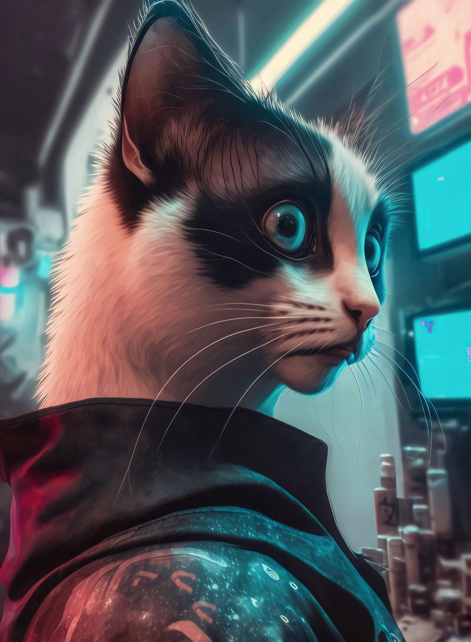 Neon Tech Siamese Cats Cats Ai Art Cyberpunk Digital Art Artwork Hybrid Animal Vertical 1504x2048