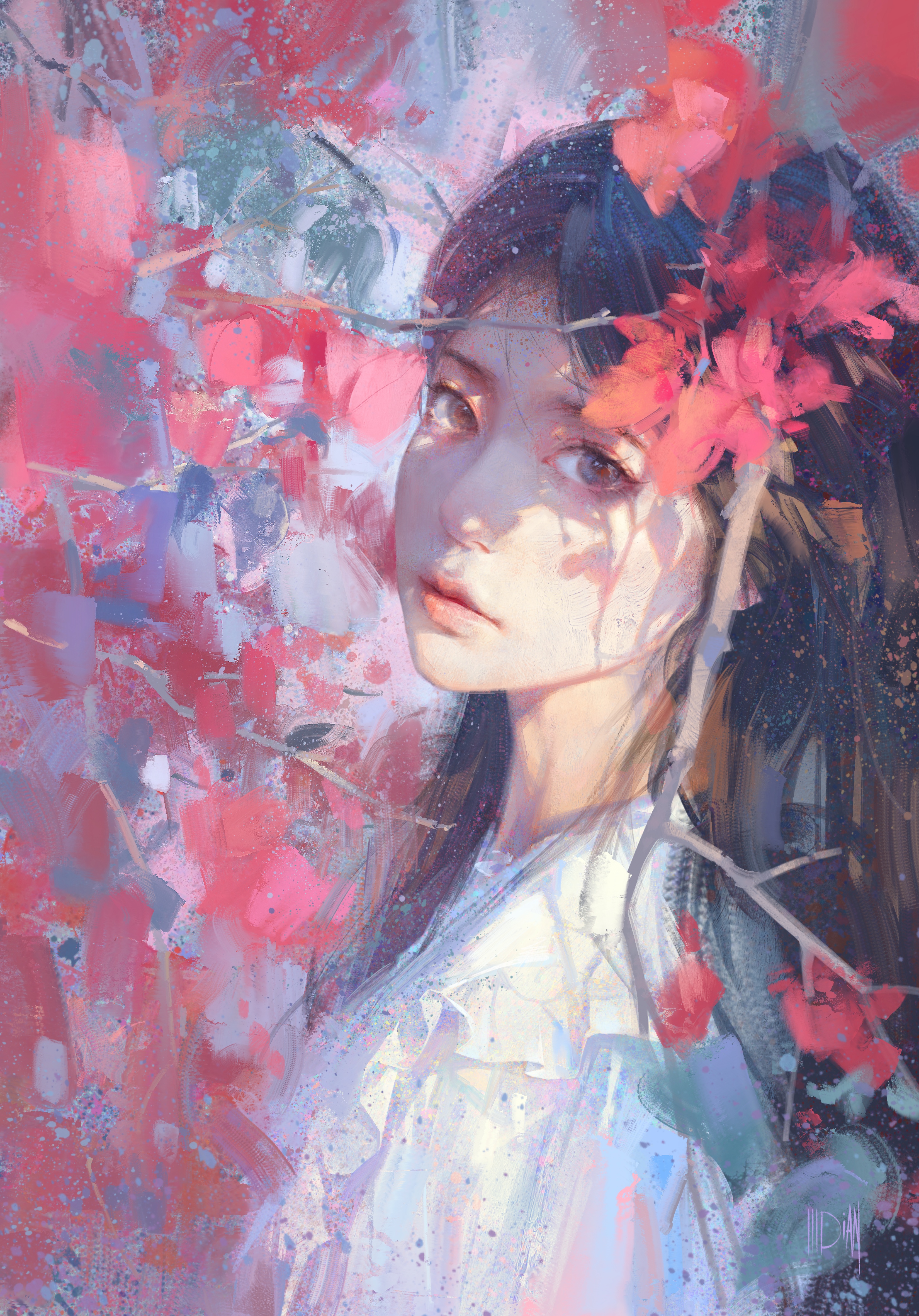 Digital Art Artwork Illustration Women Portrait Asian Looking At Viewer Flowers Painting ILLDiAN Dar 3298x4724