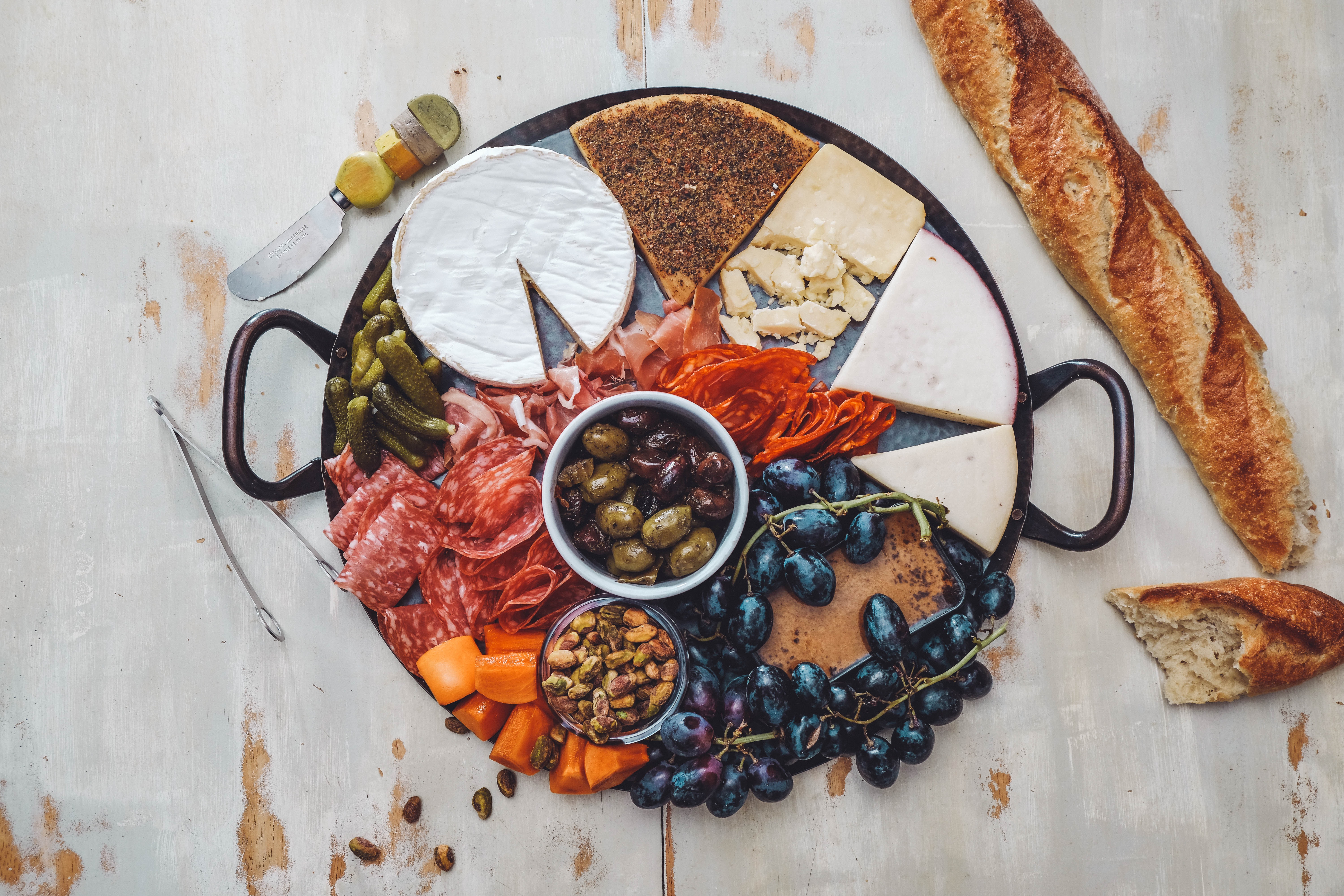 Food Pickles Bread Fruit Cheese Olives Pistachios Grapes Brie Still Life Salami Knife 6000x4000