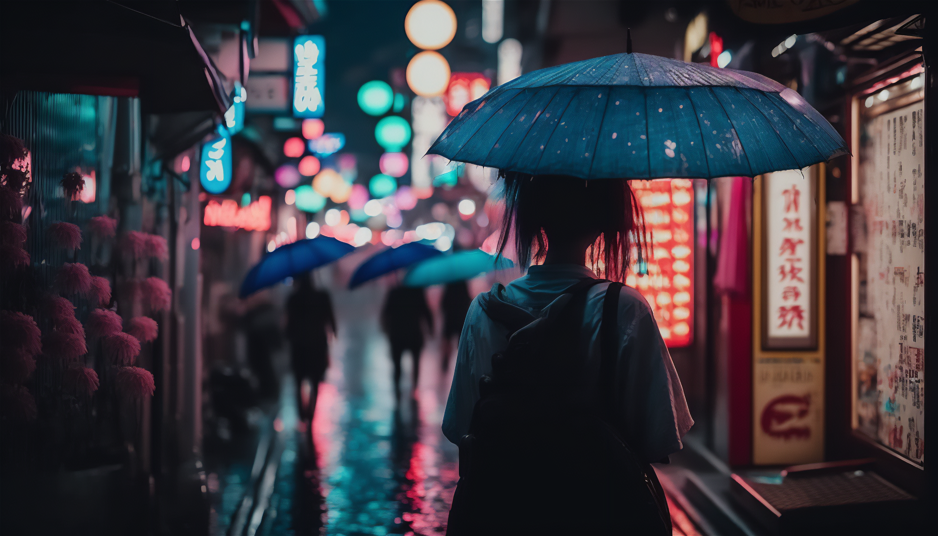 Ai Art Women City Evening Small Alley Tokyo Rain Umbrella Lights 3136x1792