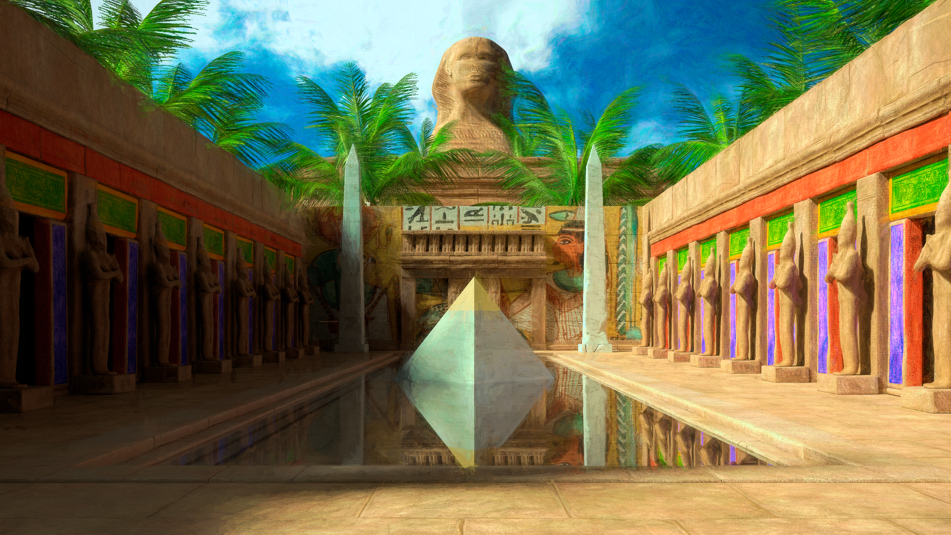 Digital Art Shader Oil Painting Egypt Egyptian Pyramid Sphinx Column Painting Palm Trees Obelisk Art 3840x2160