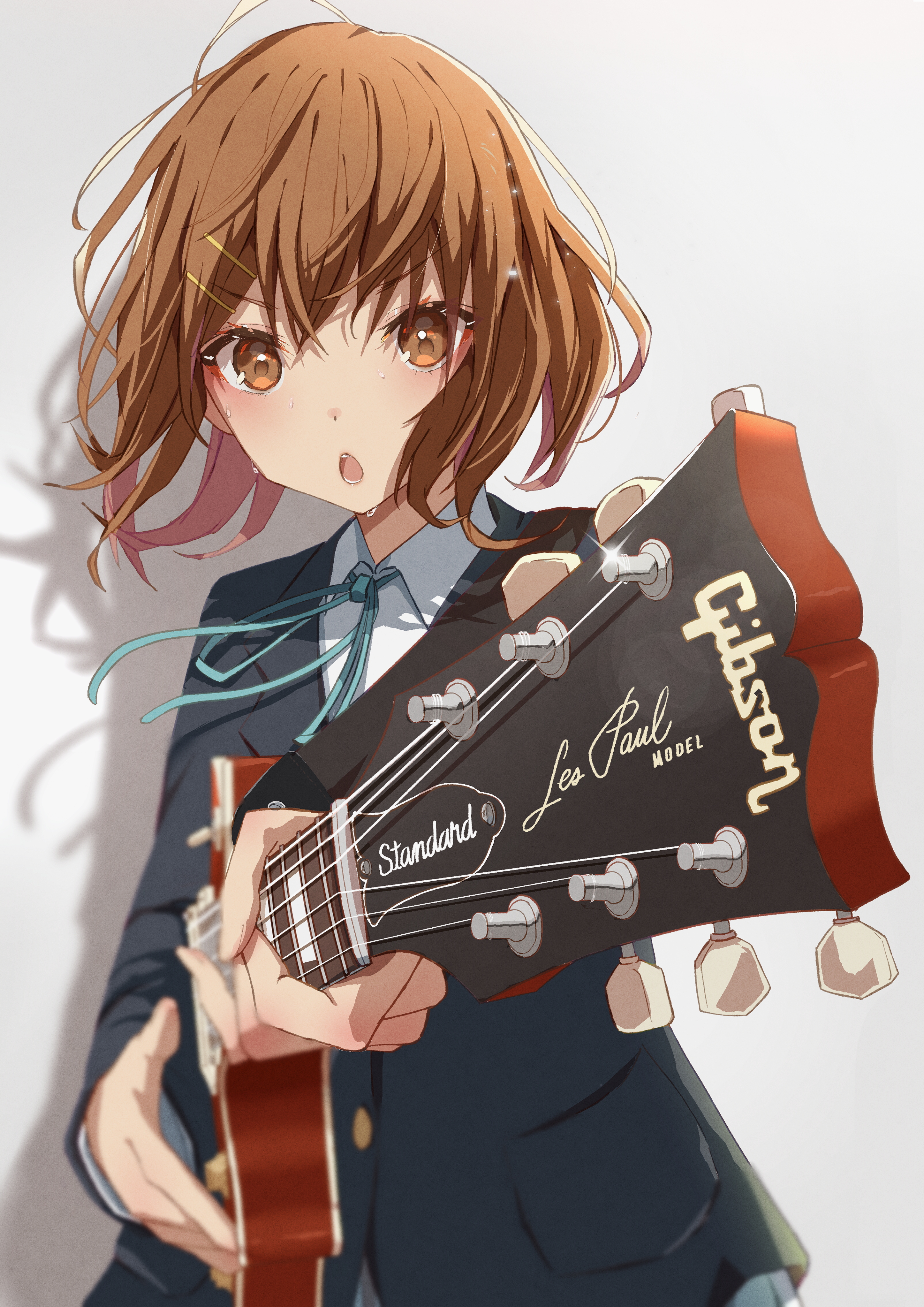 K ON Hirasawa Yui Simple Background Guitar Sweating Anime Girls Musical Instrument Brunette Brown Ey 2894x4093