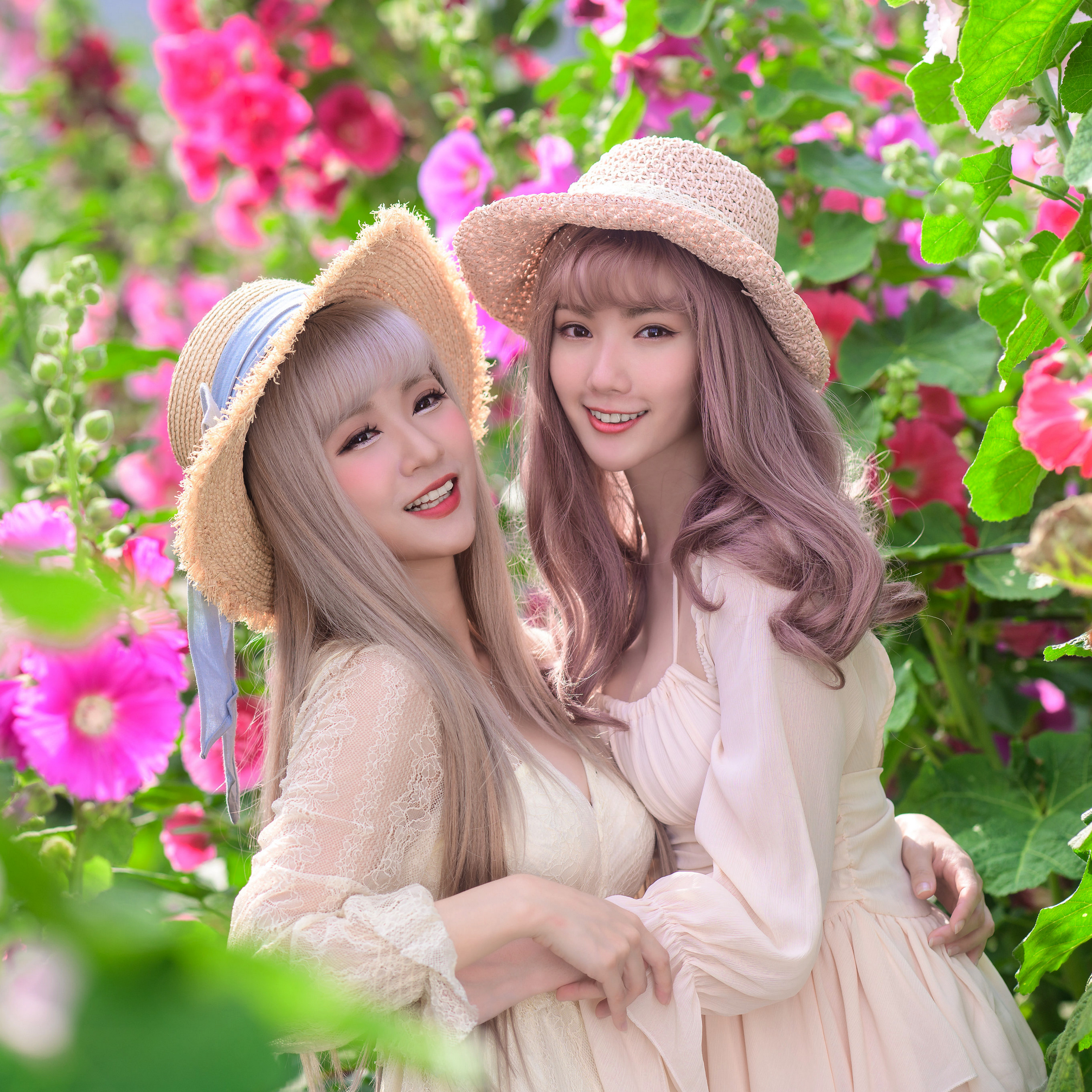 Asian Model Women Long Hair Dyed Hair Straw Hat Two Women Women Outdoors Flowers Dress Hugging Looki 2560x2560