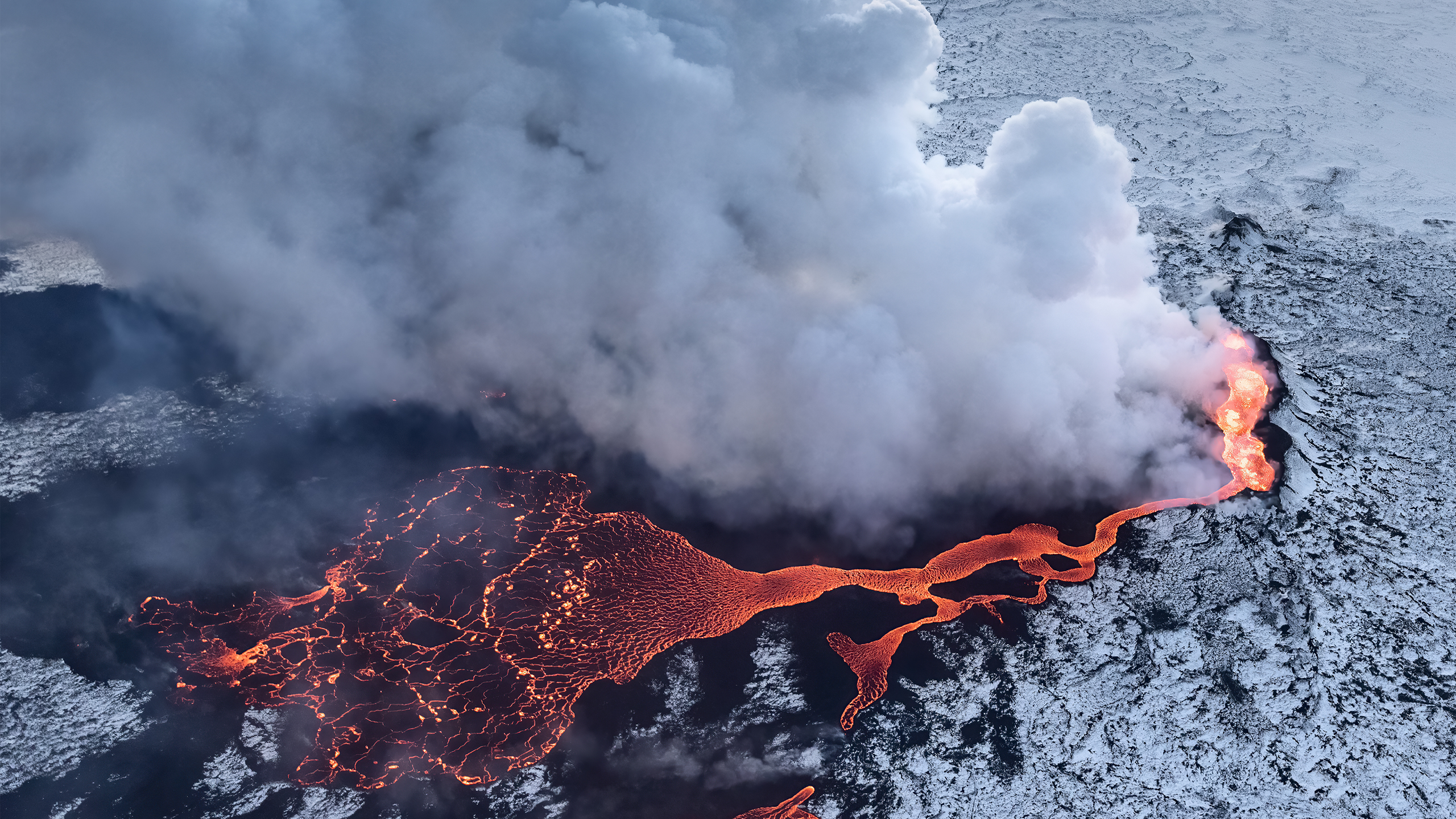 Nature Photography Landscape Volcano Smoke Lava Mountains Snow Aerial View 2560x1440