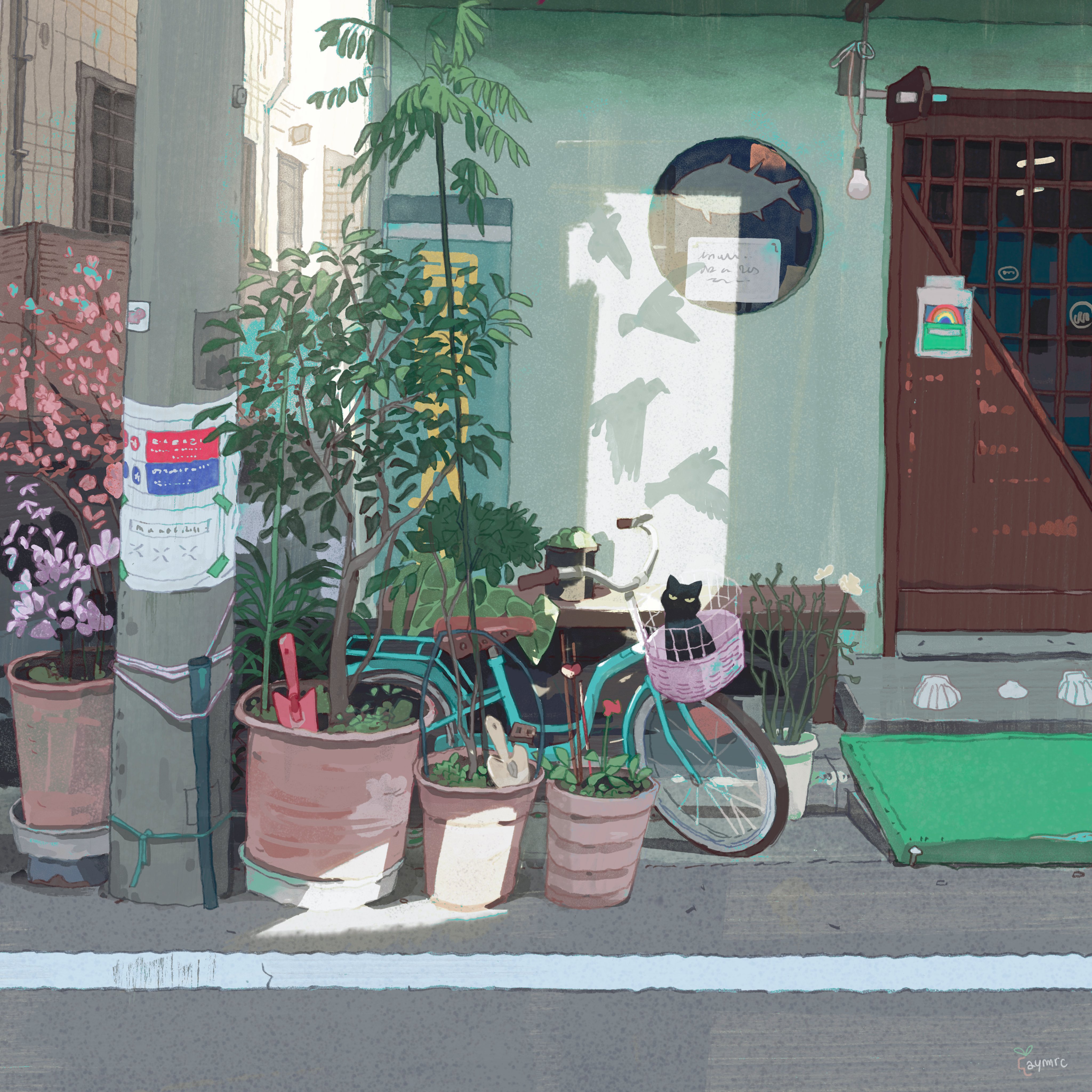 Digital Art Digital Painting Peaceful Street Art Plants Sunny Corner Black Cats Plant Pot Bangjoy Le 4096x4096