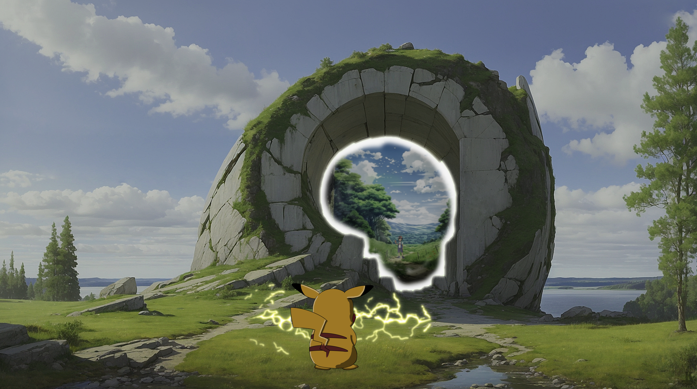 Digital Art Ash Ketchum Pikachu Portals Saturation Friendship Photoshopped Trees Grass Sky Clouds Wa 2400x1341