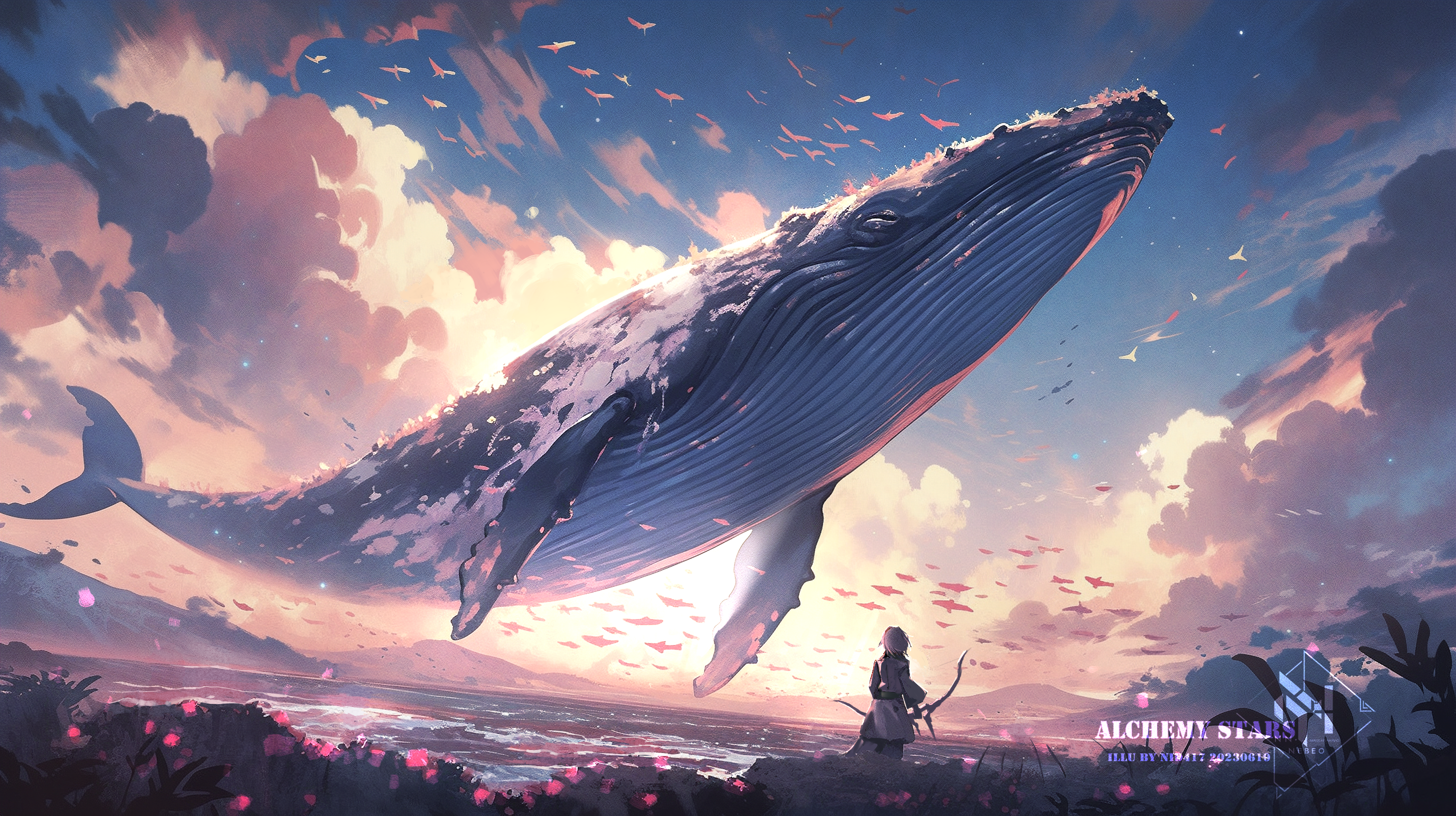 Pixiv Whale Flying Whales Alchemy Stars Digital Art Watermarked 2912x1632