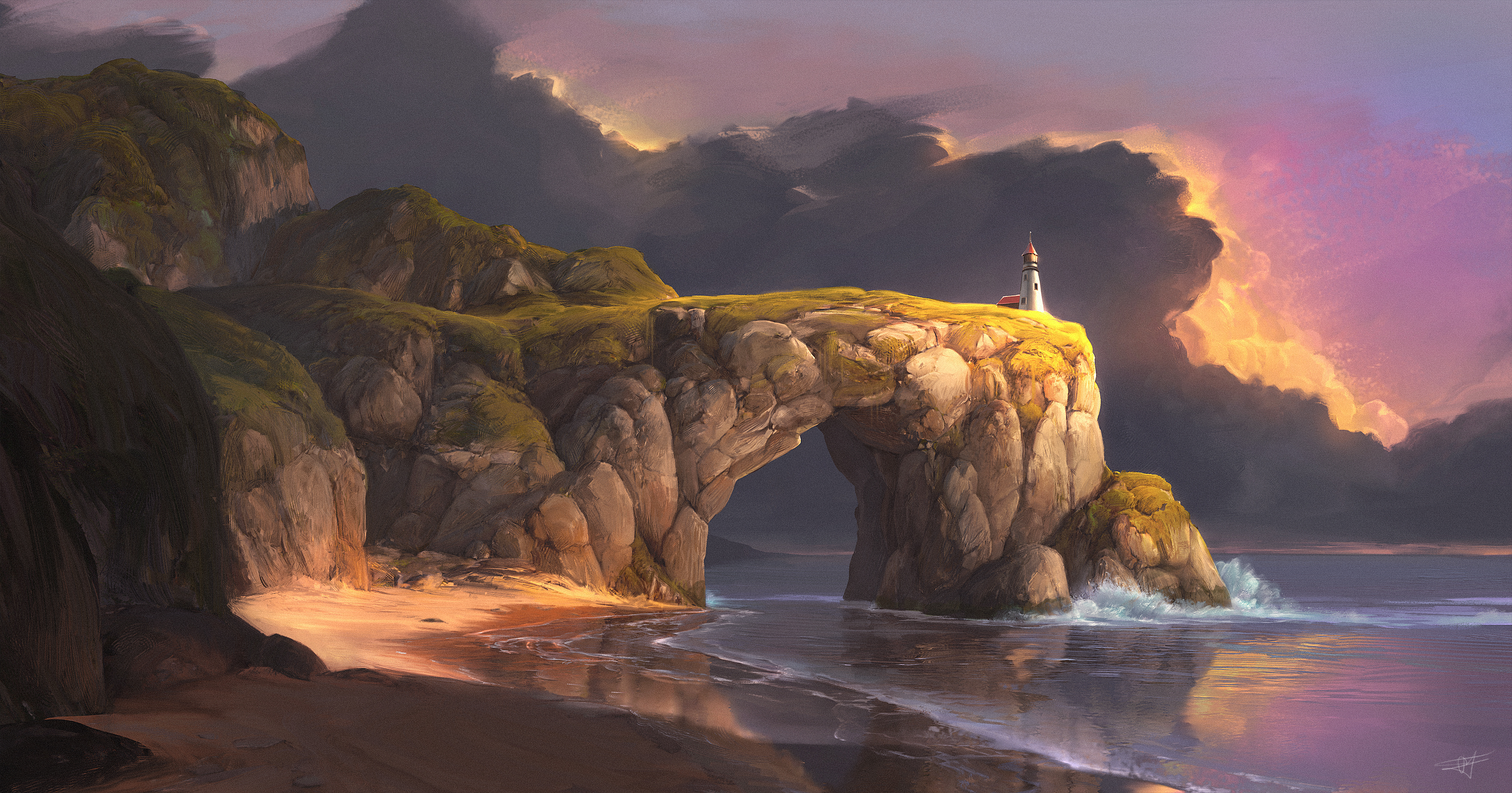 Digital Art Artwork Illustration Environment Nature Landscape Clouds Cliff Beach Sea Rock Formation  3000x1573