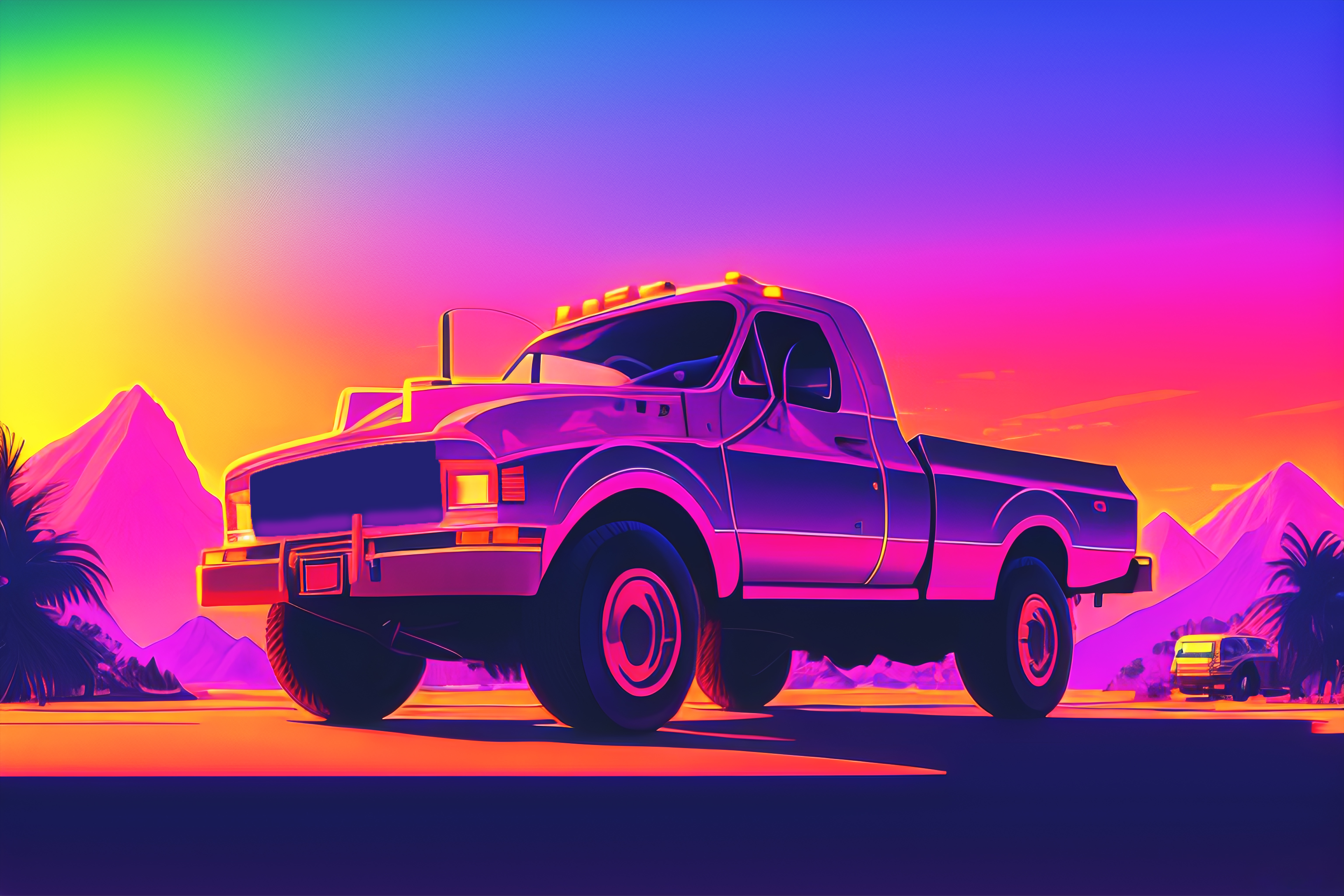 Truck Retrowave Digital Art Ai Art Vaporwave Mountains Vehicle Colorful Front Angle View 3072x2048