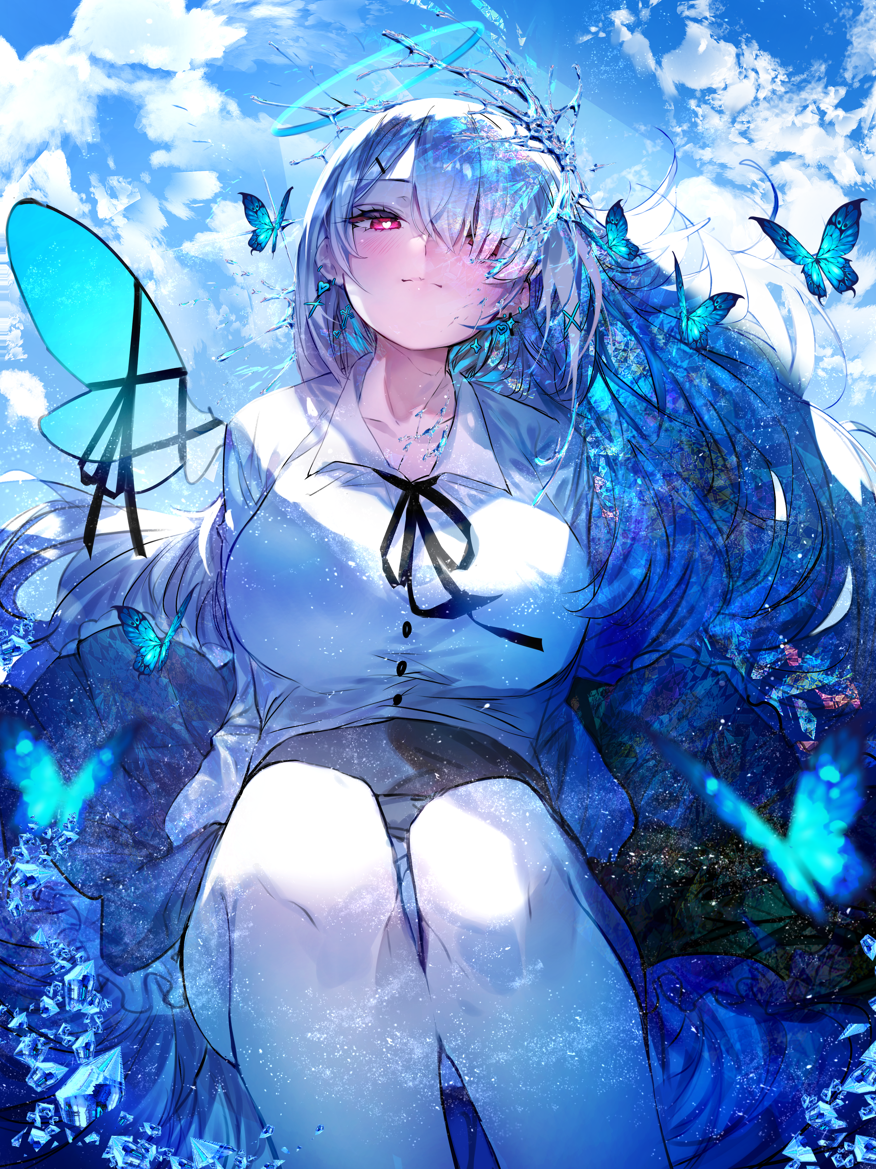 W Artist Pixiv Anime Anime Girls Portrait Display Butterfly Hair Over One Eye Heart Eyes Clouds Sky  3000x4000