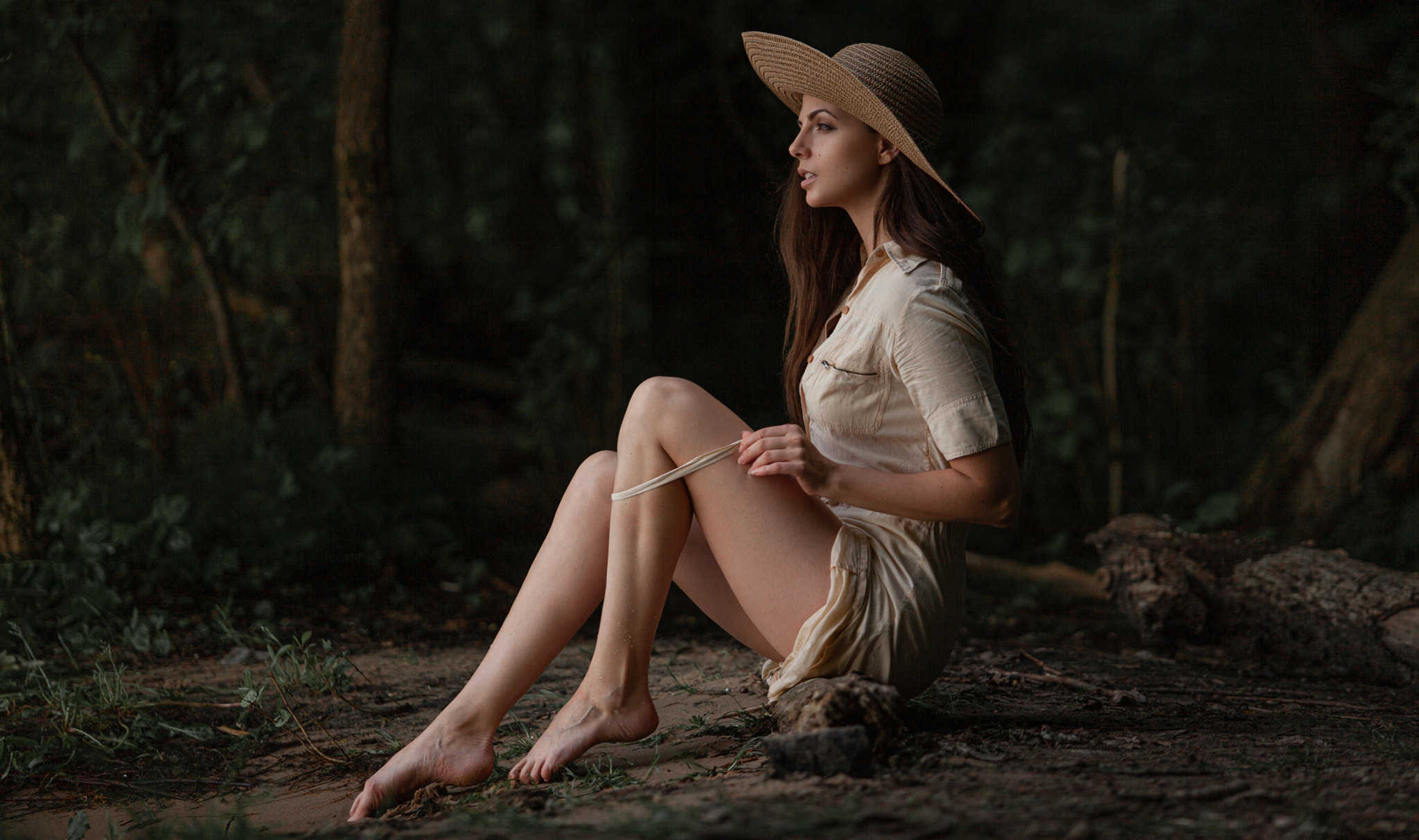 Andrey Frolov Women Tatiana Vanyasheva Hat Brown Clothing Profile Barefoot Nature Forest Model Legs  2048x1213