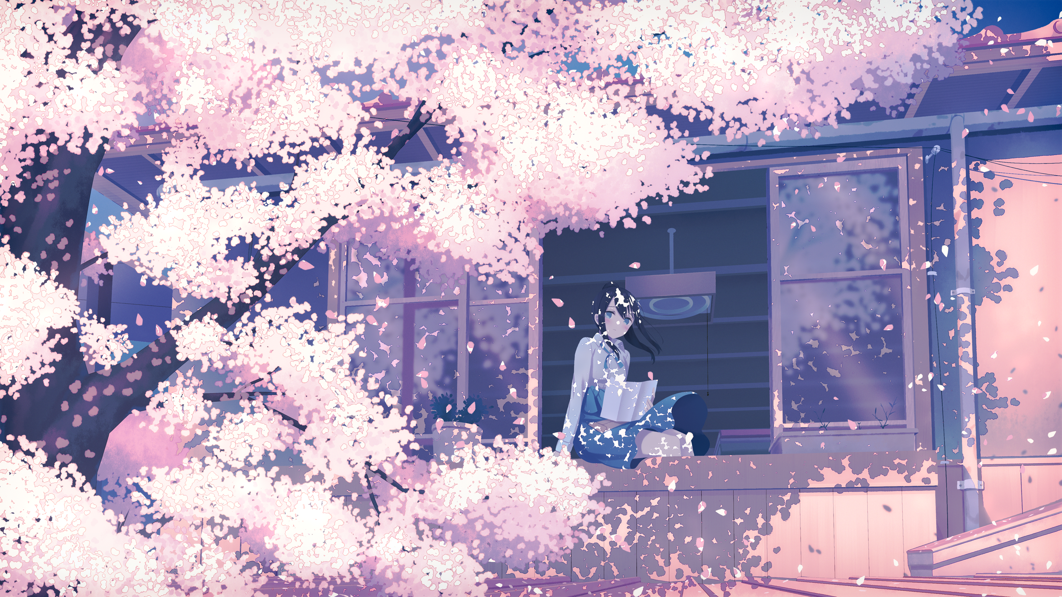 Anime Anime Girls Flowers Petals Cherry Trees Blue Eyes Window Sitting 3400x1913
