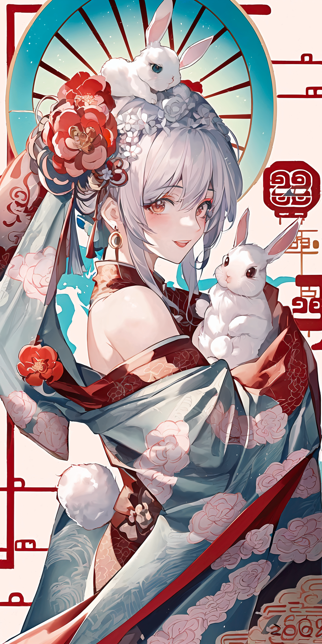Anime Anime Girls Vertical Flower In Hair Rabbits Animals Kimono Looking At Viewer Blushing Bunny Ea 1024x2048