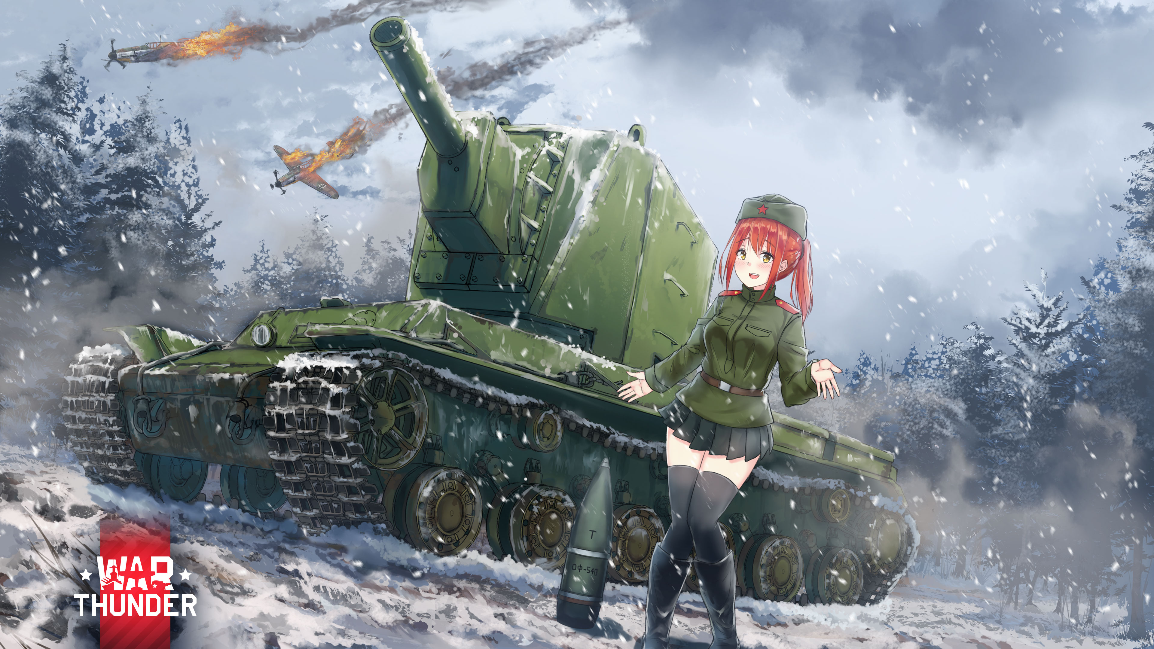 Anime Girls KV 2 Tank Snow Military Uniform Redhead War Thunder Airplane Military Hat 3840x2160
