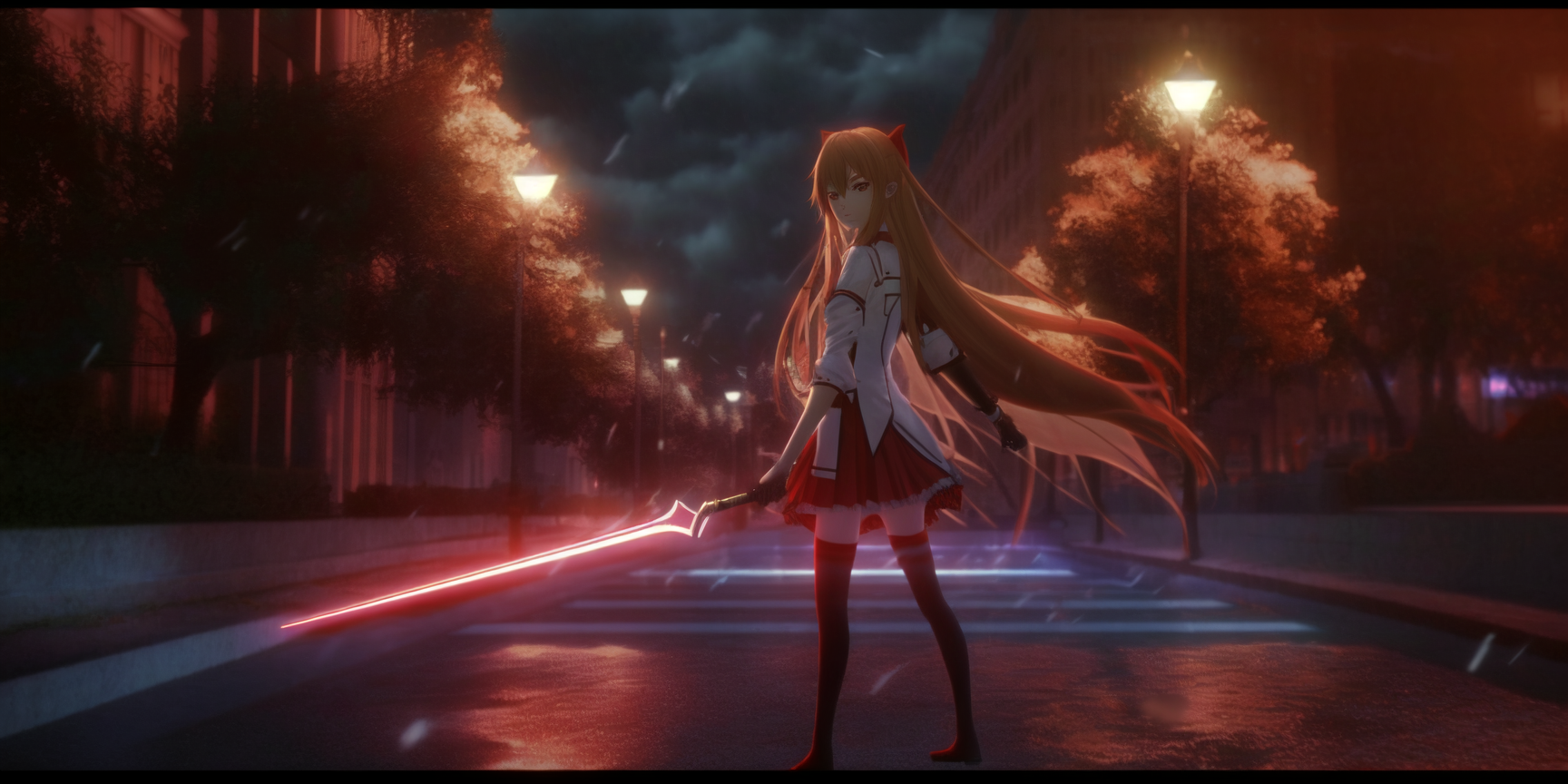 Yuuki Asuna Sword Art Online Anime Girls Sword Art Online Looking Back Street Light Long Hair Sword  1728x864
