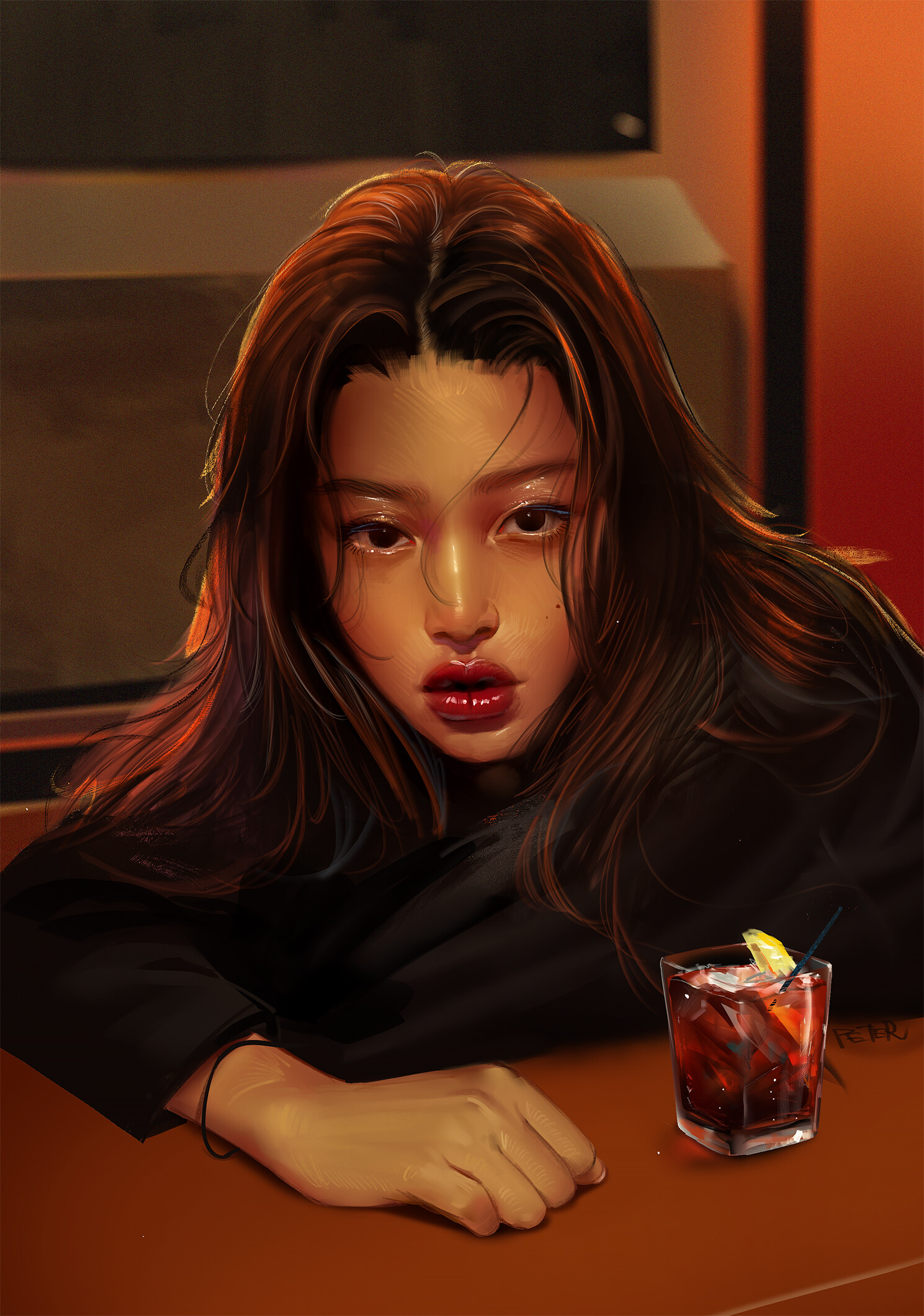 Peter Xiao Women Digital Art Digital Artwork Drawing Looking At Viewer Asian Character Design Drink 1489x2120