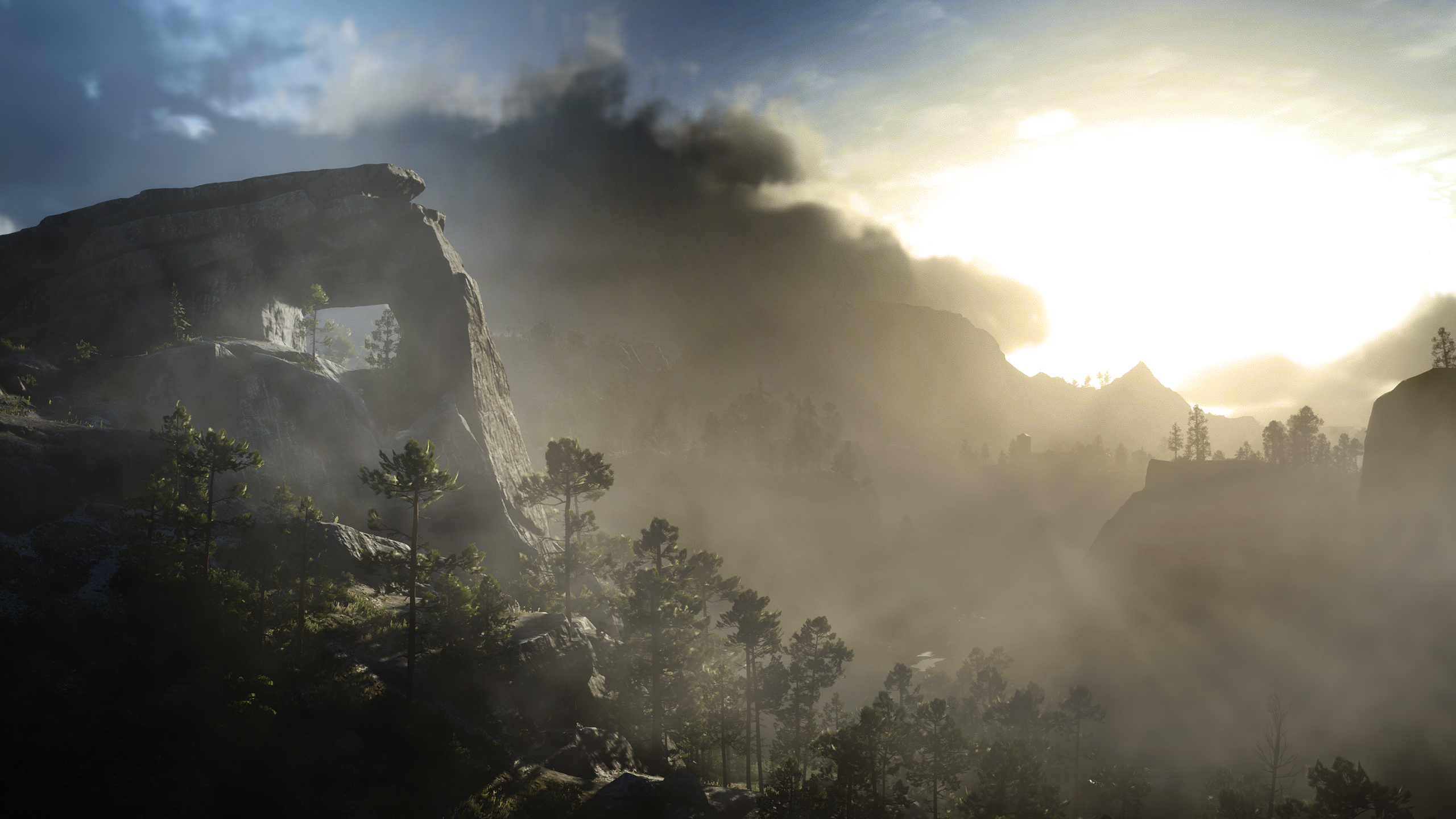 Red Dead Redemption 2 Cliff Daylight Mist Nature Sunset Clouds Video Game Art Video Games Sky Sunlig 2560x1440