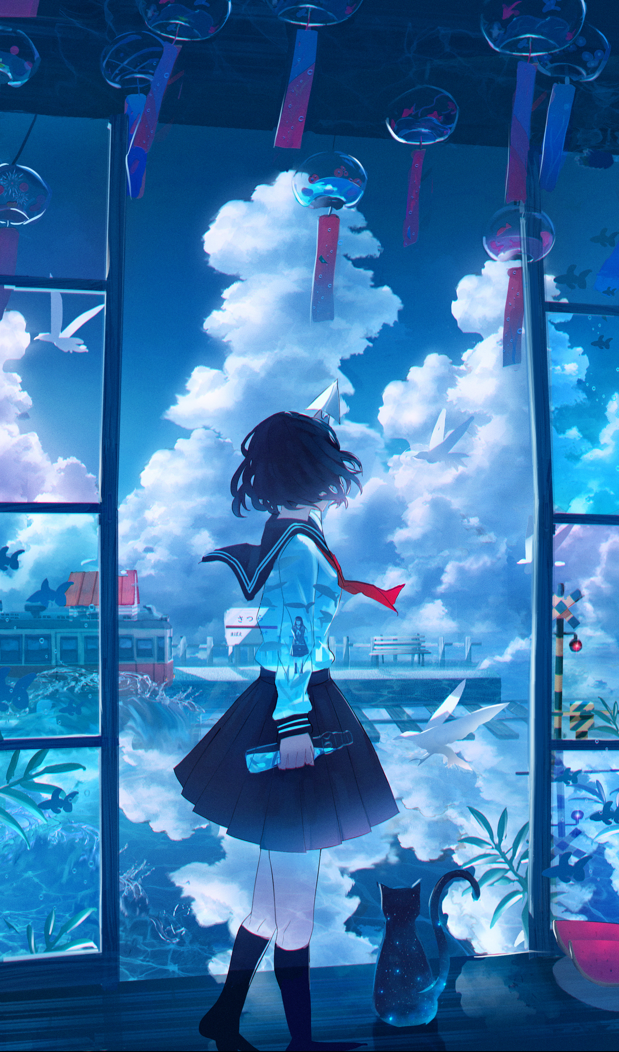 Anime Anime Girls Schoolgirl School Uniform Portrait Display Reflection Water Sky Clouds Walking Sho 2000x3400