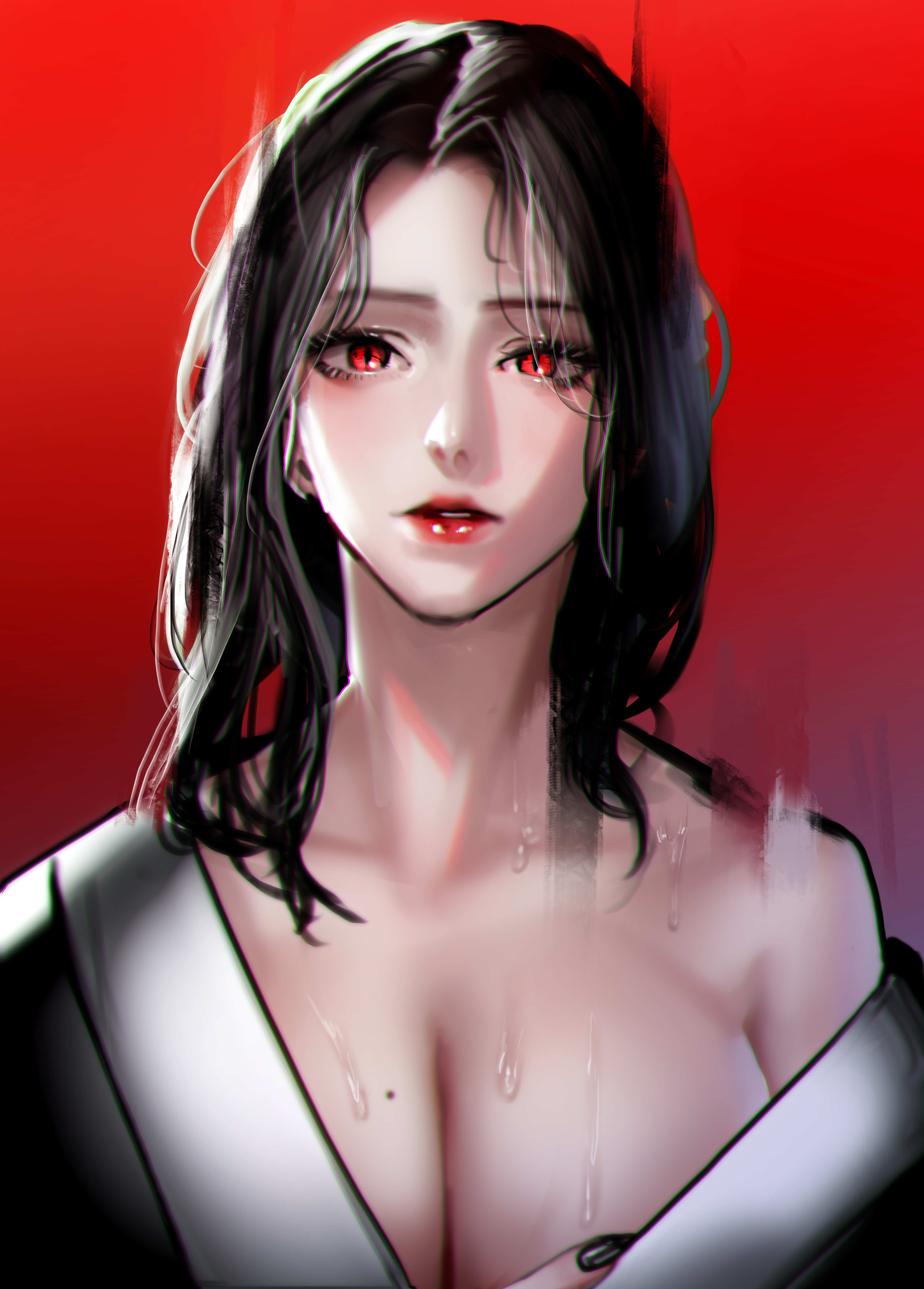 Fantasy Girl Painting Yong Jun Park Red Eyes Red Background 5000x6970