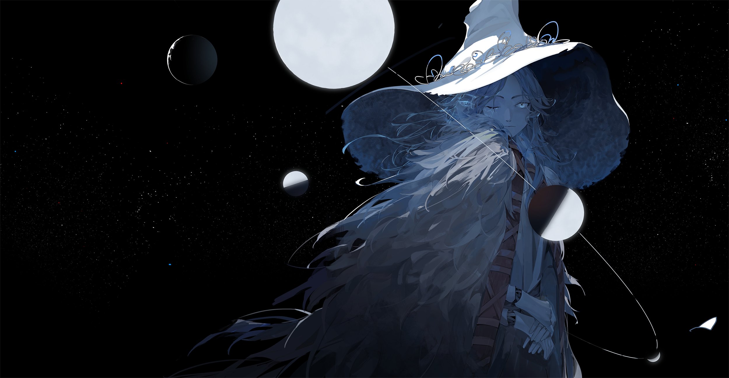 Elden Ring Moon Witch Simple Background Ranni Elden Ring One Eye Closed Witch Hat Long Hair 2500x1298