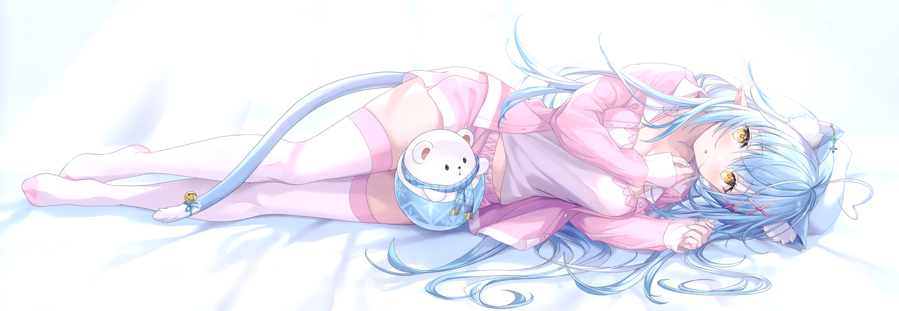 Anime Anime Girls Pointy Ears Lying On Side Yukihana Lamy Hololive Virtual Youtuber Pyjamas Blue Hai 3010x1041