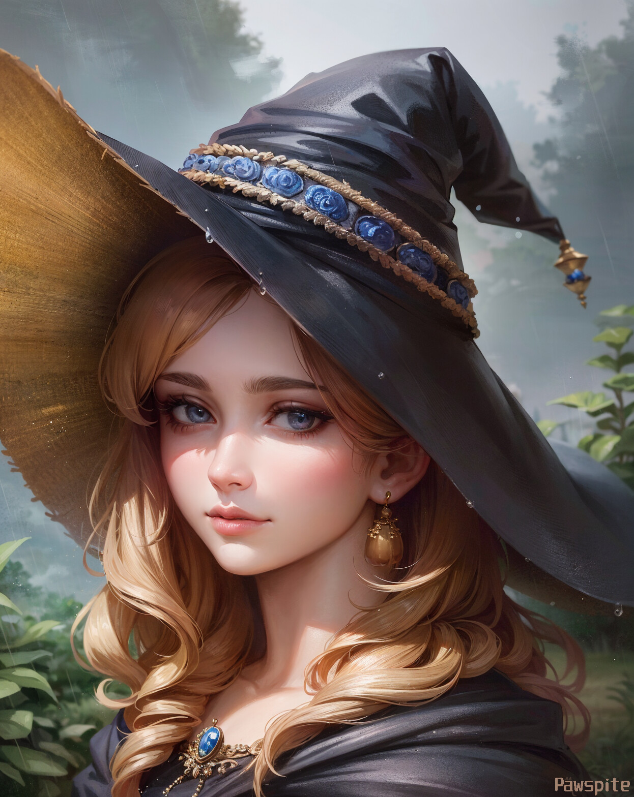 Pawspite Ai Art Digital Art Portrait Witch Witch Hat Blonde Blue Eyes Looking At Viewer Curly Hair R 1246x1568