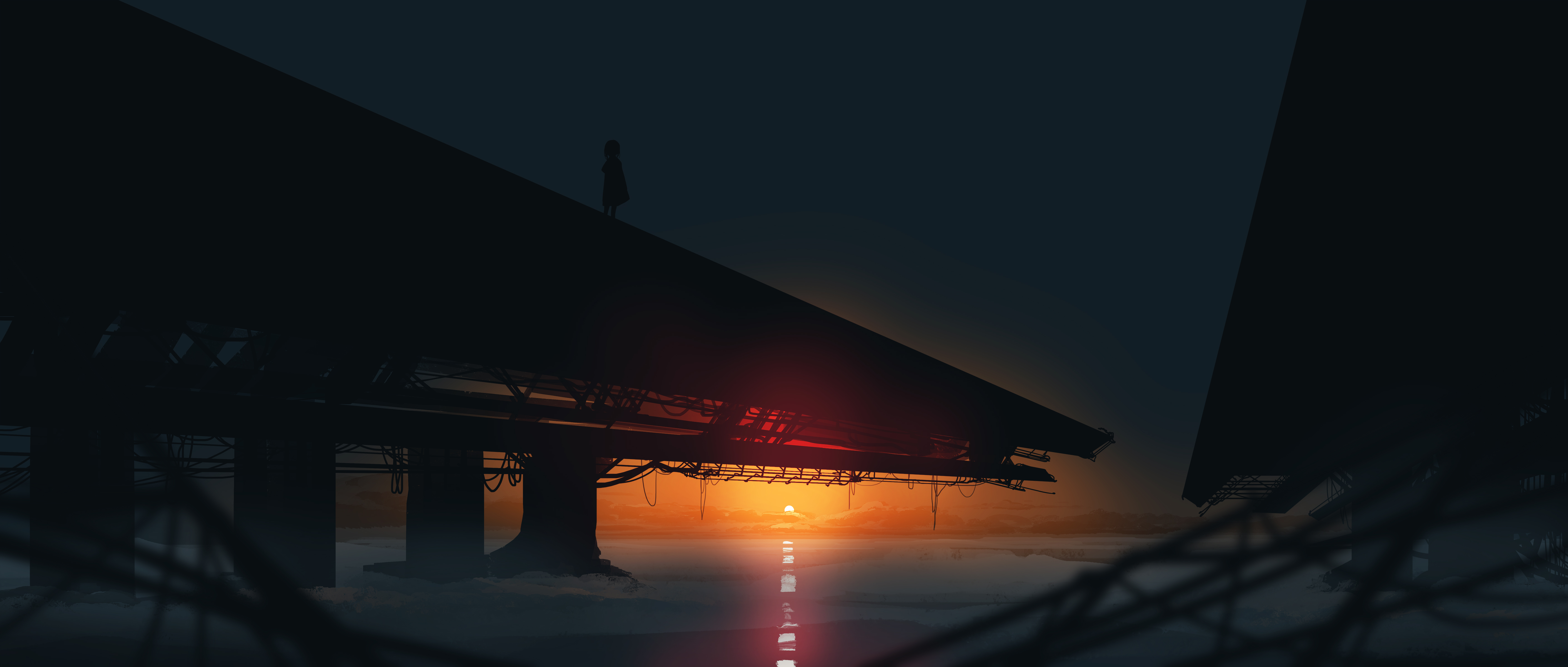 Gracile Digital Art Artwork Illustration Ultrawide Wide Screen Bridge Sun Sunset Structure Dark Clou 5640x2400