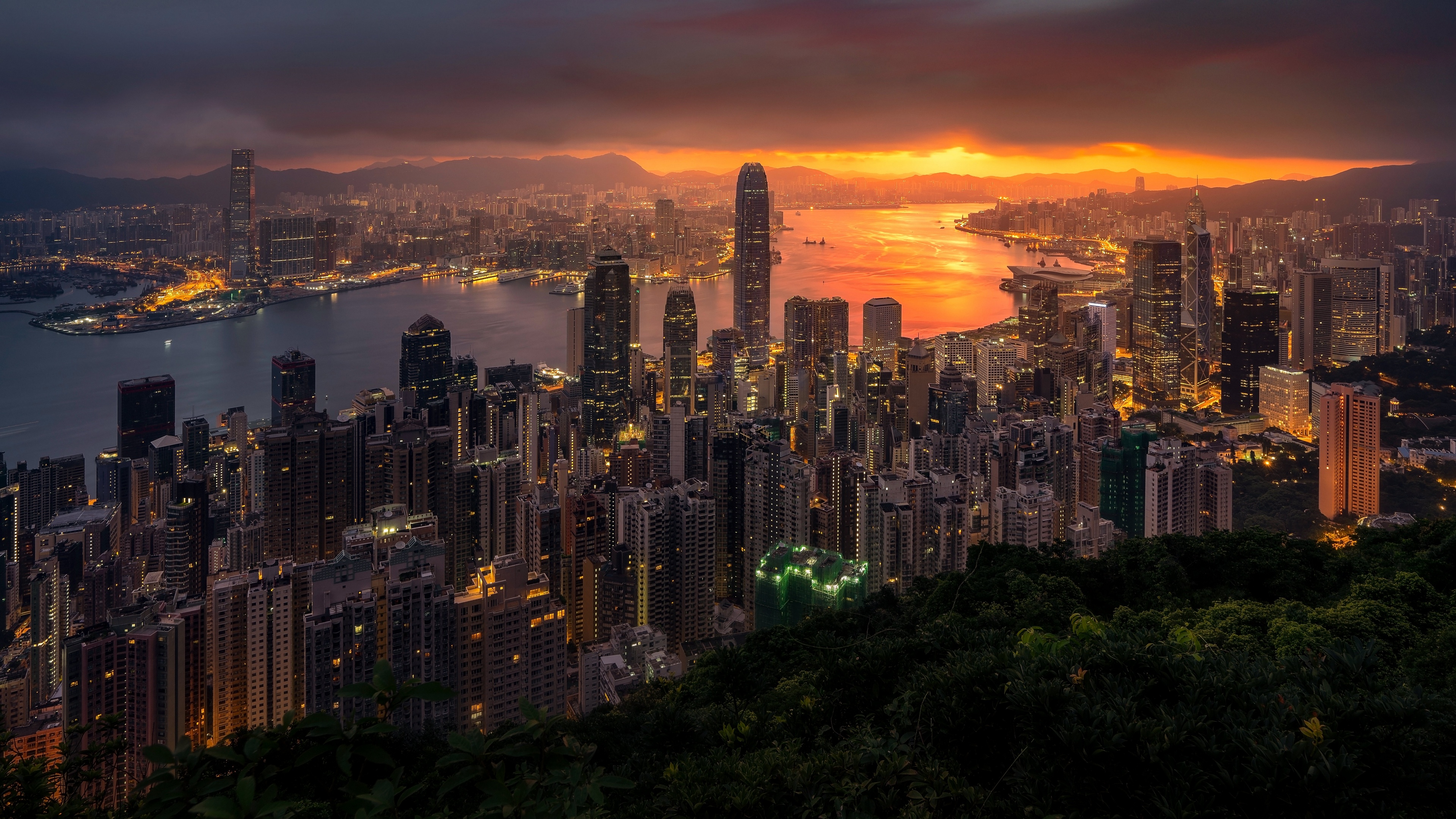 Hong Kong City Sunset Lights Sky Clouds Skyscraper City Lights Building 3840x2160