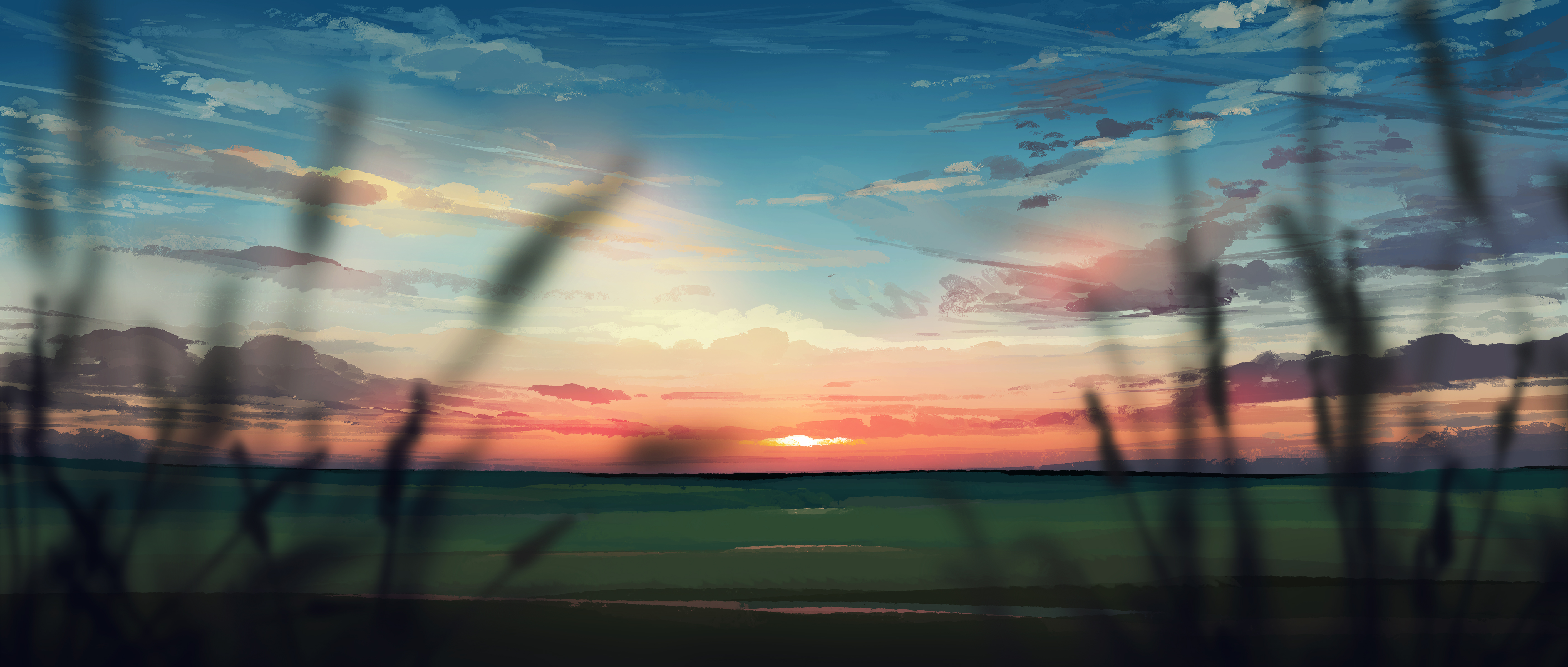 Artwork Anime Sky Clouds Red Clouds Grass Gracile 5640x2400