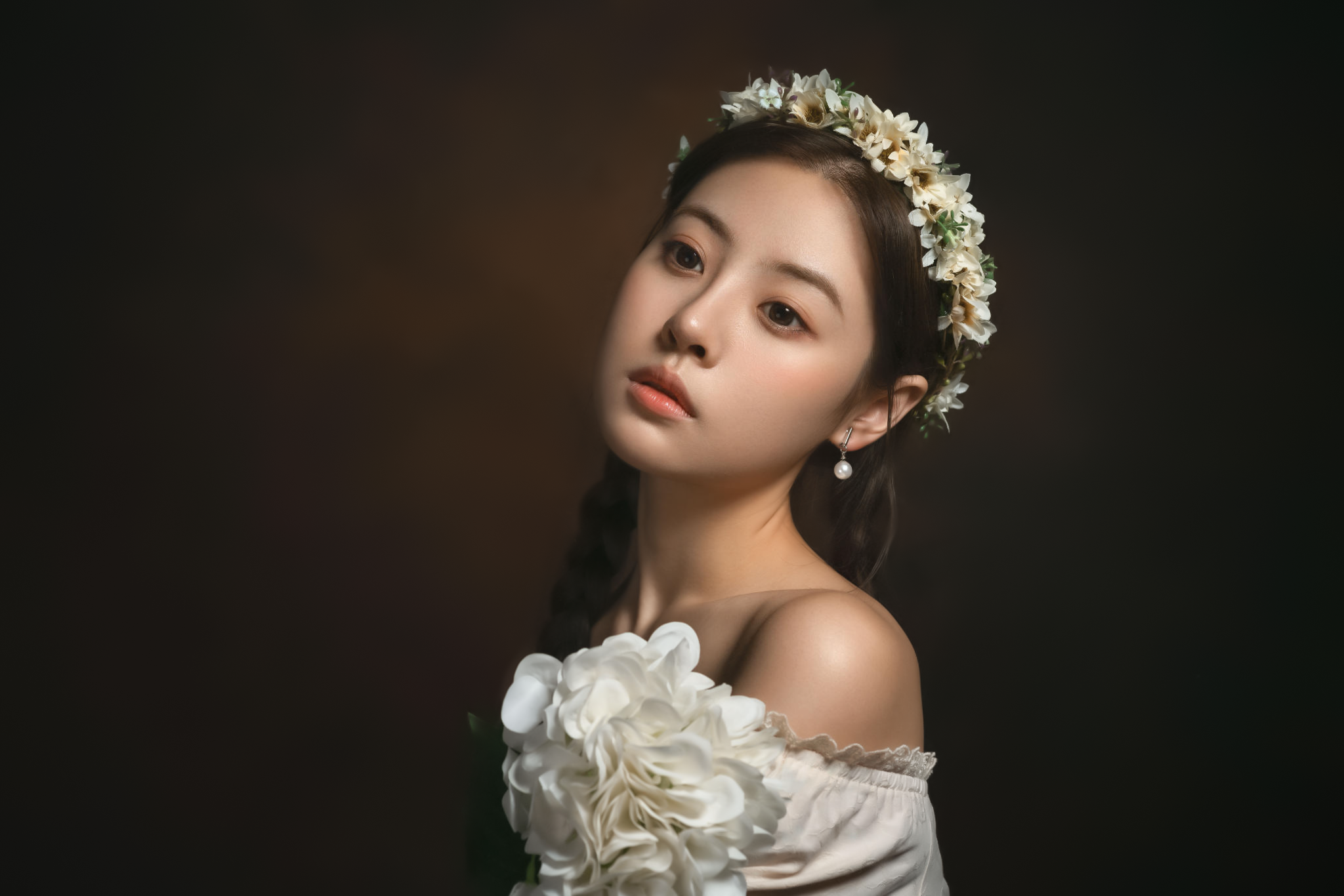Lee Hu Women Asian Flower In Hair Crown Brunette Braids Bare Shoulders White Clothing Flowers Simple 2048x1366