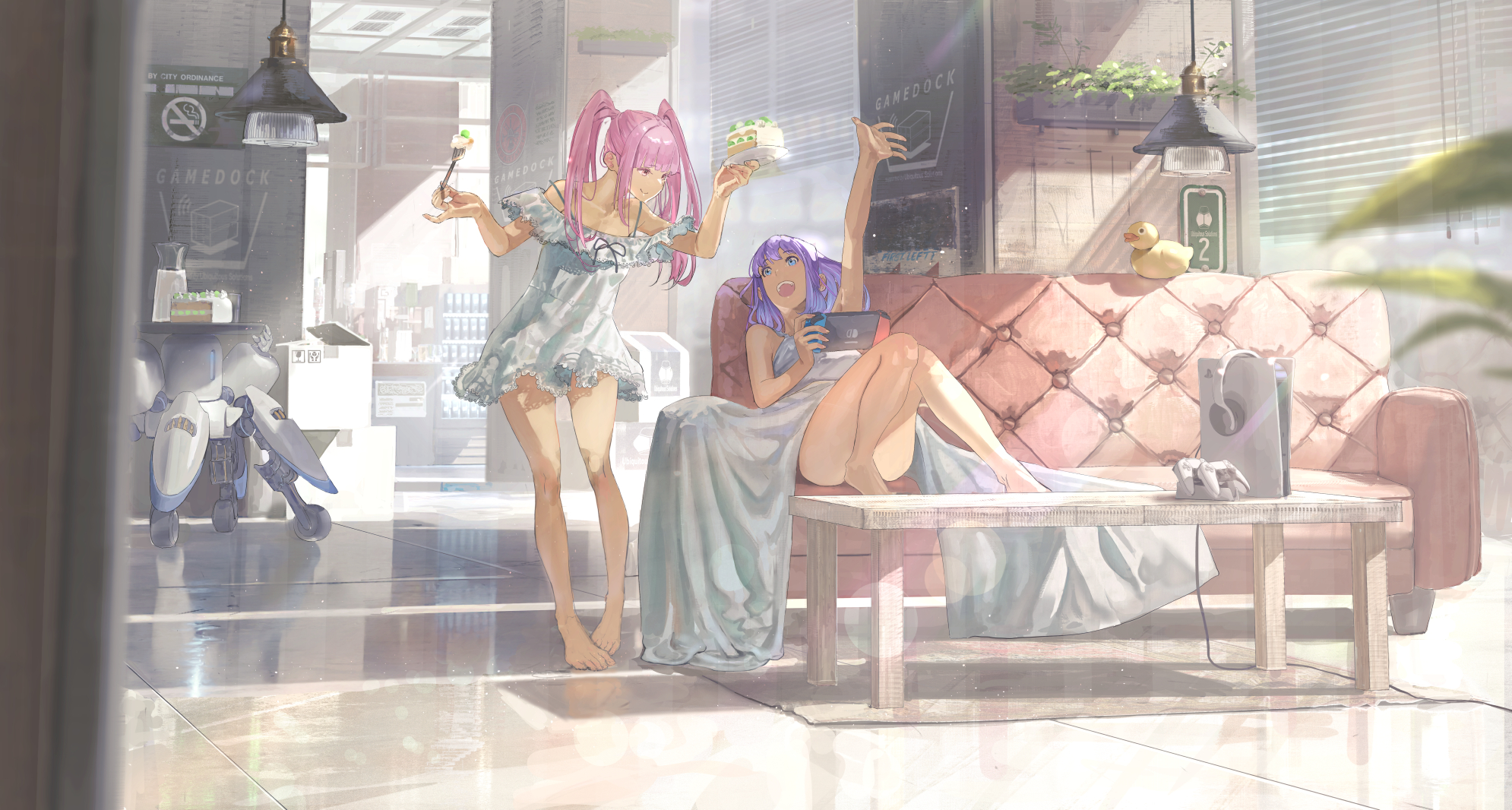 Anime Anime Girls Standing Couch Feet Dress Twintails Long Hair Smiling Cake Fork Plates Sunlight Bl 1990x1066