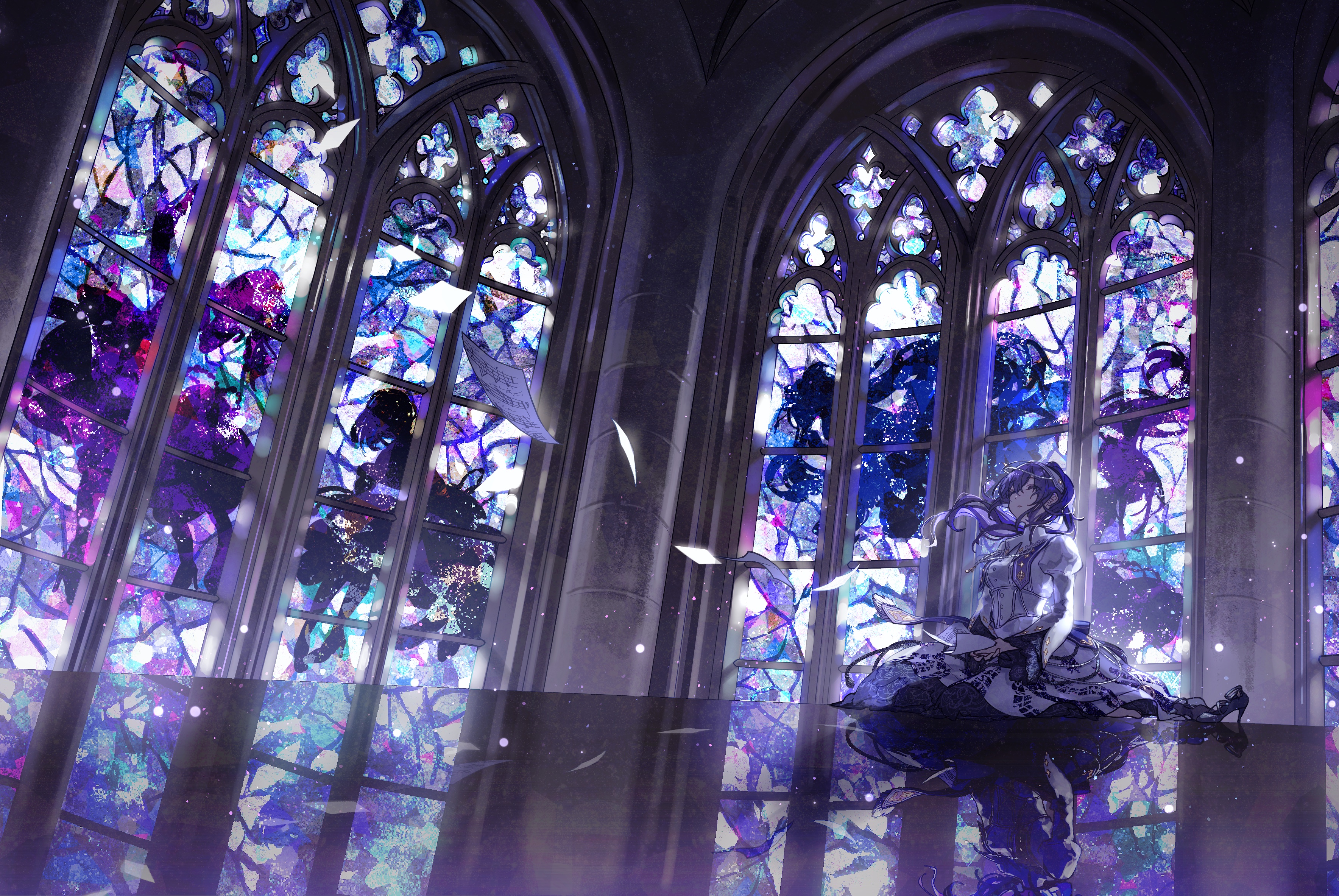 Anime Anime Girls Closed Eyes Long Hair Paper Reflection Stained Glass Interior Dress Musical Notes  3537x2367
