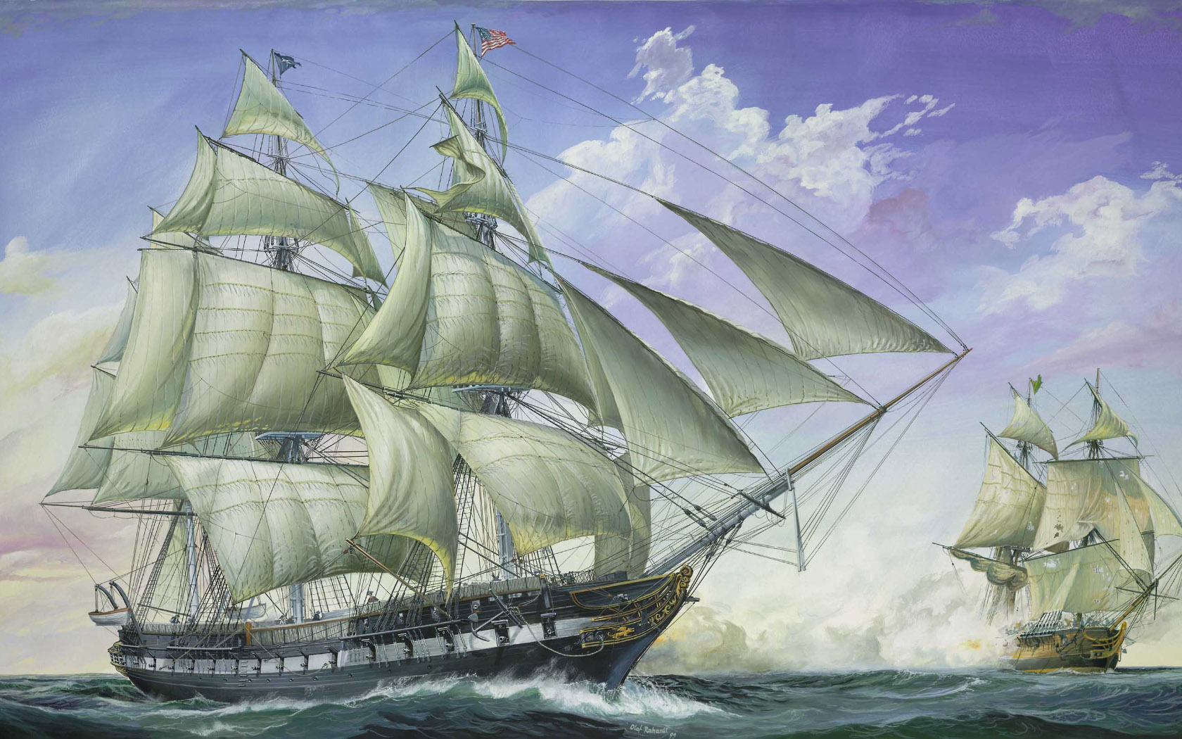 Warship Sea Sky Ship Water Clouds Artwork Flag 1680x1050