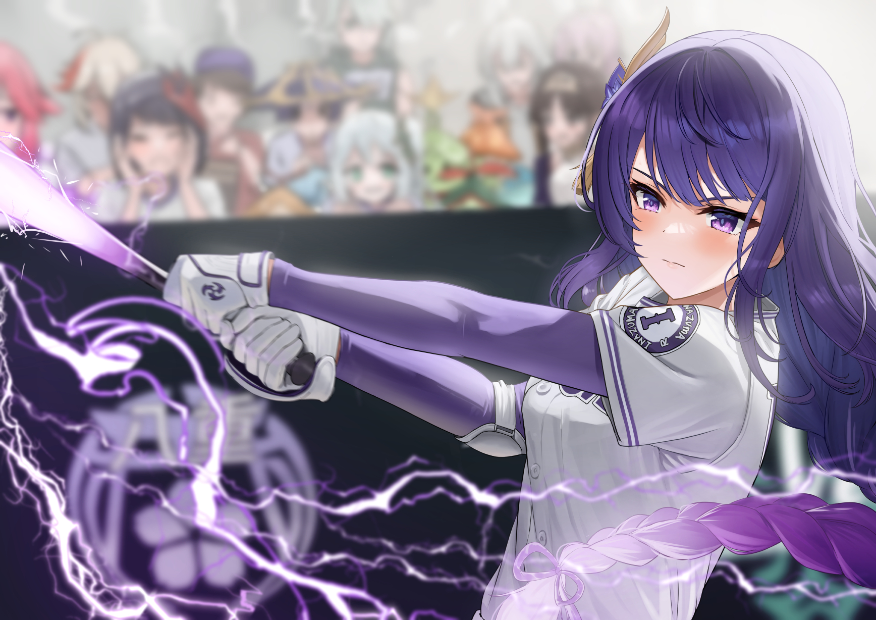Anime Girls Baseball Purple Hair Jersey Gloves Braids Raiden Shogun Genshin Impact Lightning Genshin 1736x1228