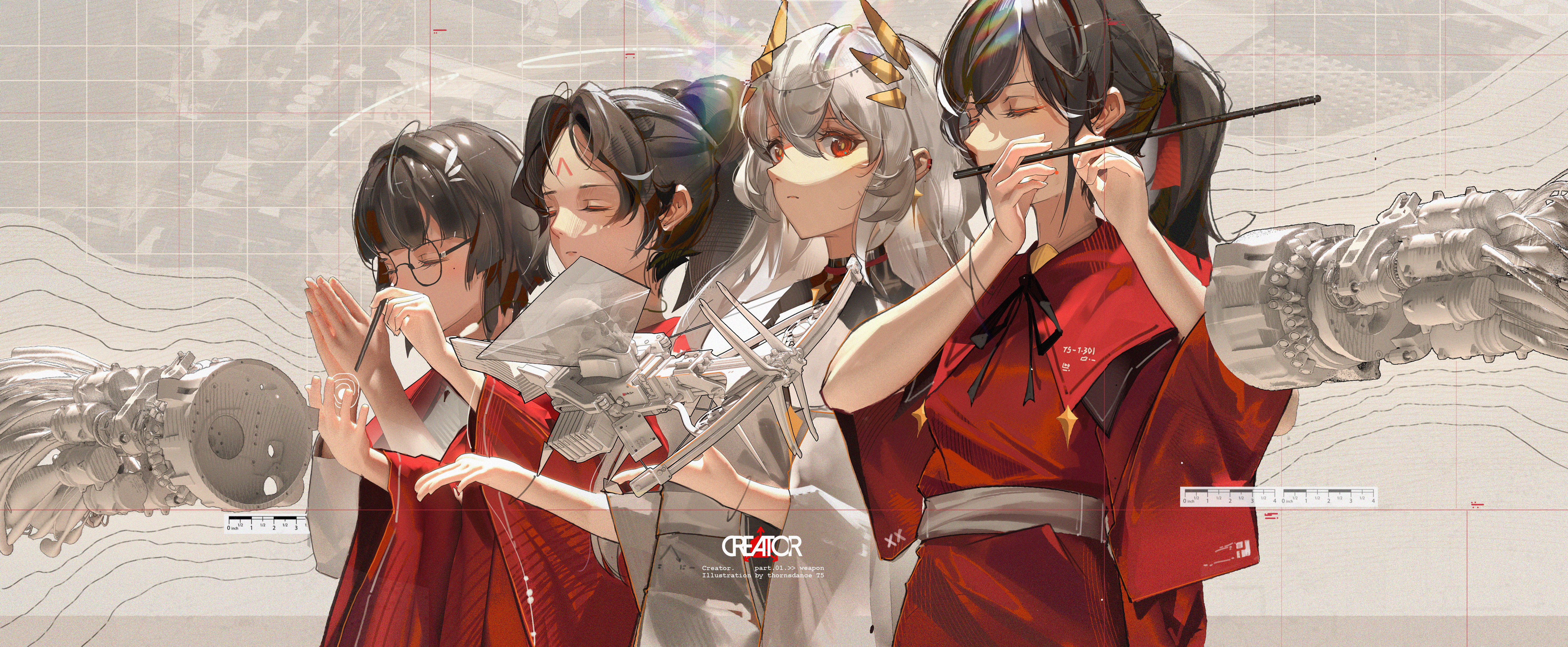 Anime Girls T5 Group Of Women Line Up Women Quartet Closed Eyes Glasses Red Eyes Moles Mole Under Ey 6000x2478