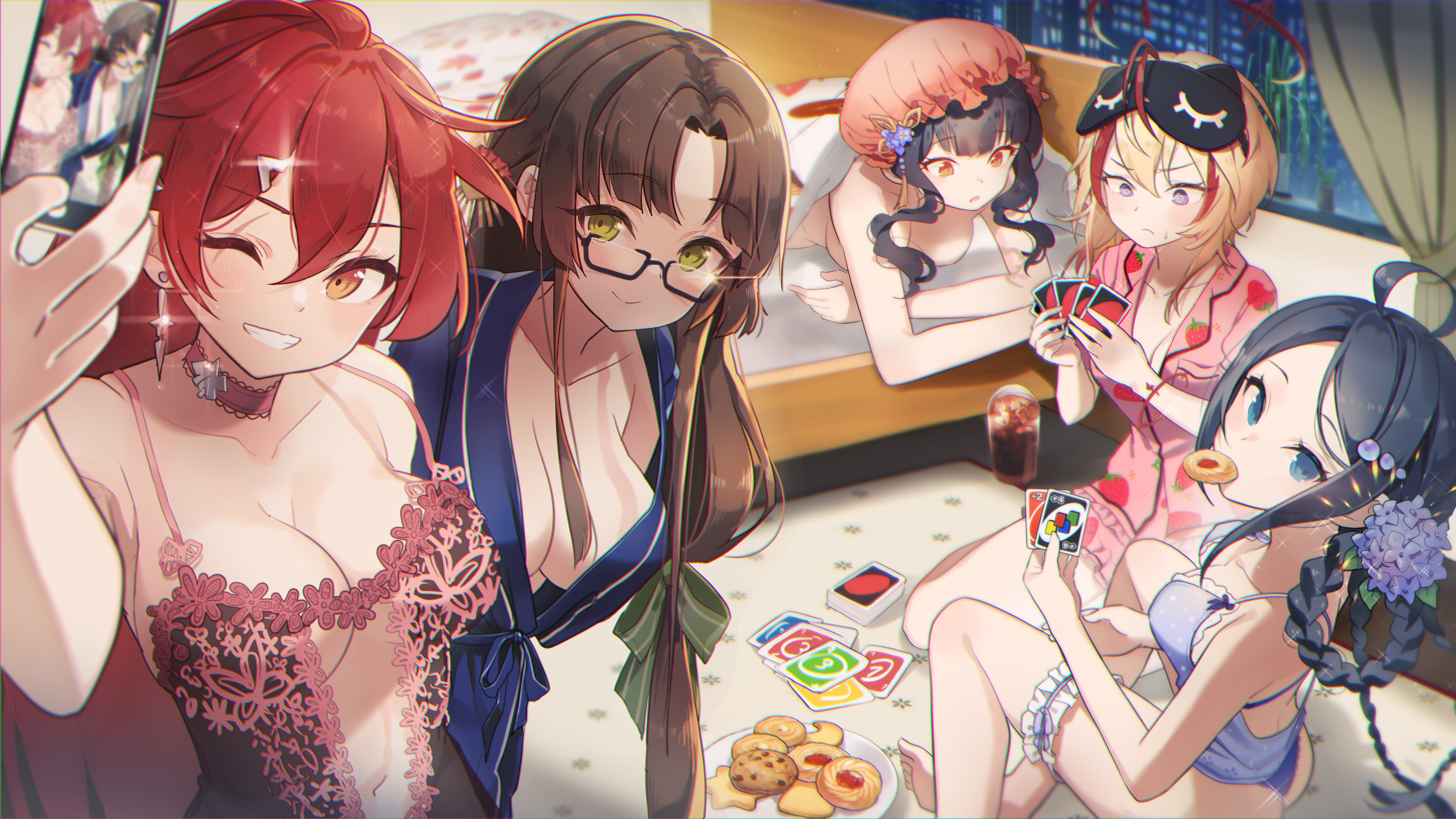 Anime Anime Girls Digital Digital Art 2D Pixiv Artwork Cookies Uno Glasses Sleepover Cards Selfies R 4500x2532