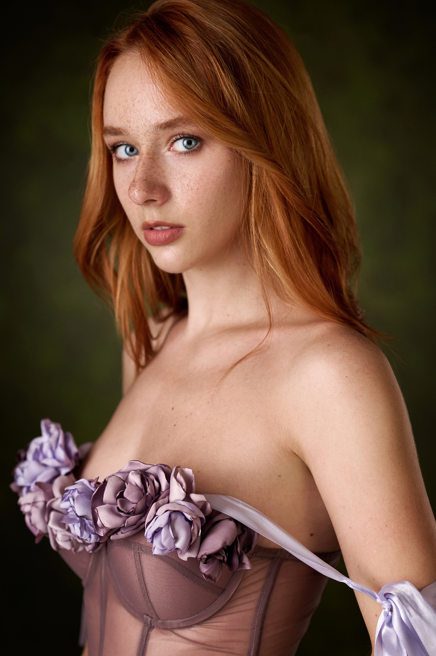 Max Pyzhik Women Redhead Blue Eyes Freckles Bare Shoulders Dress Portrait Simple Background 1437x2160