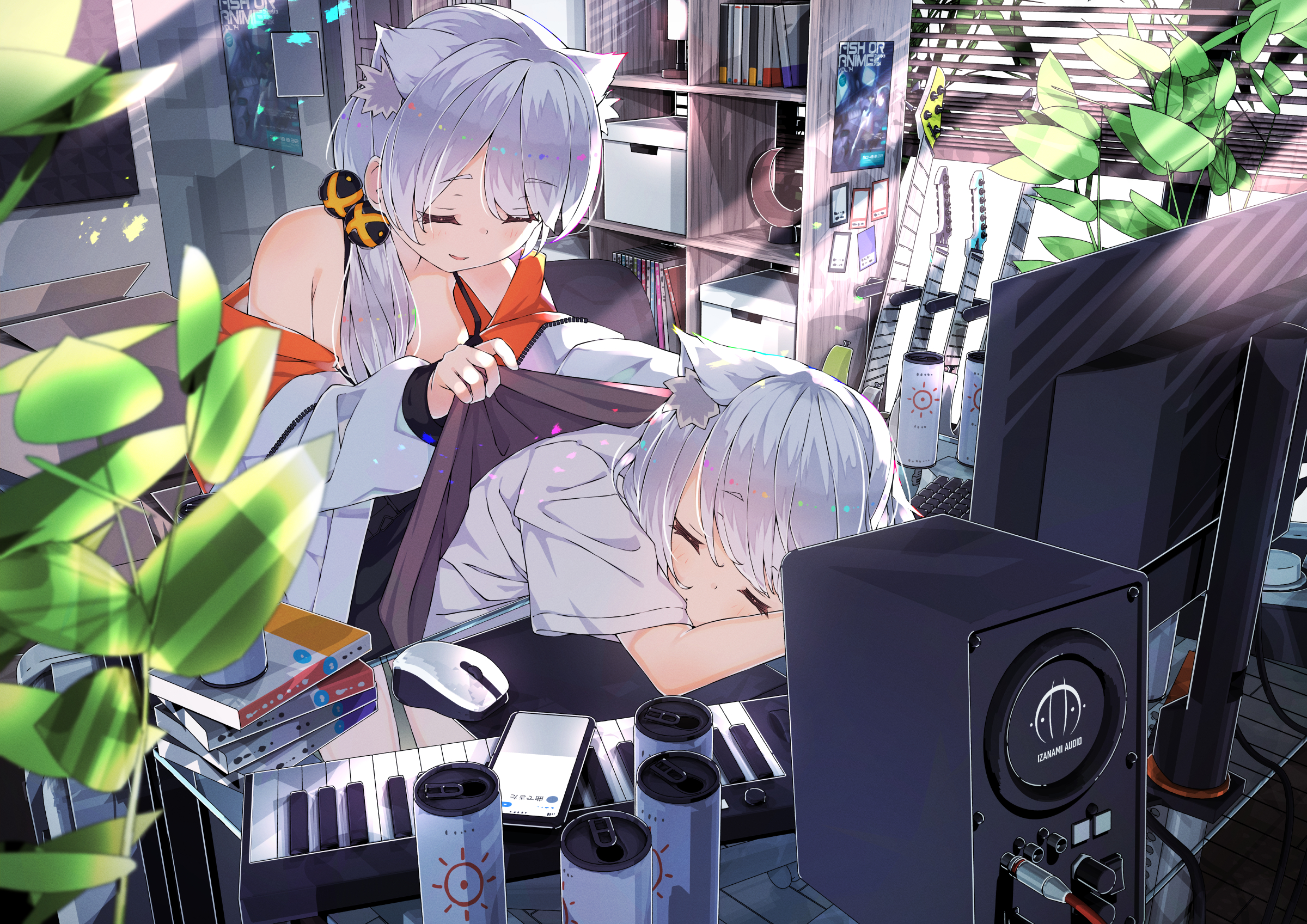 Anime Anime Girls Digital Art Artwork Pixiv 2D Closed Eyes Sleeping Musical Instrument Piano Leaves 2400x1697
