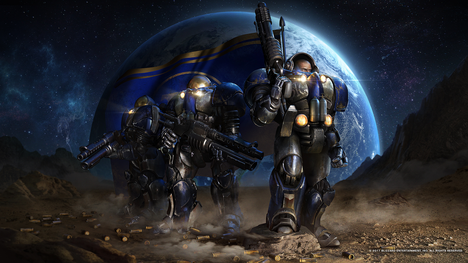 StarCraft PC Gaming Terrans Science Fiction Weapon Soldier Armor Shaved Head Planet Stars Starscape  1920x1080