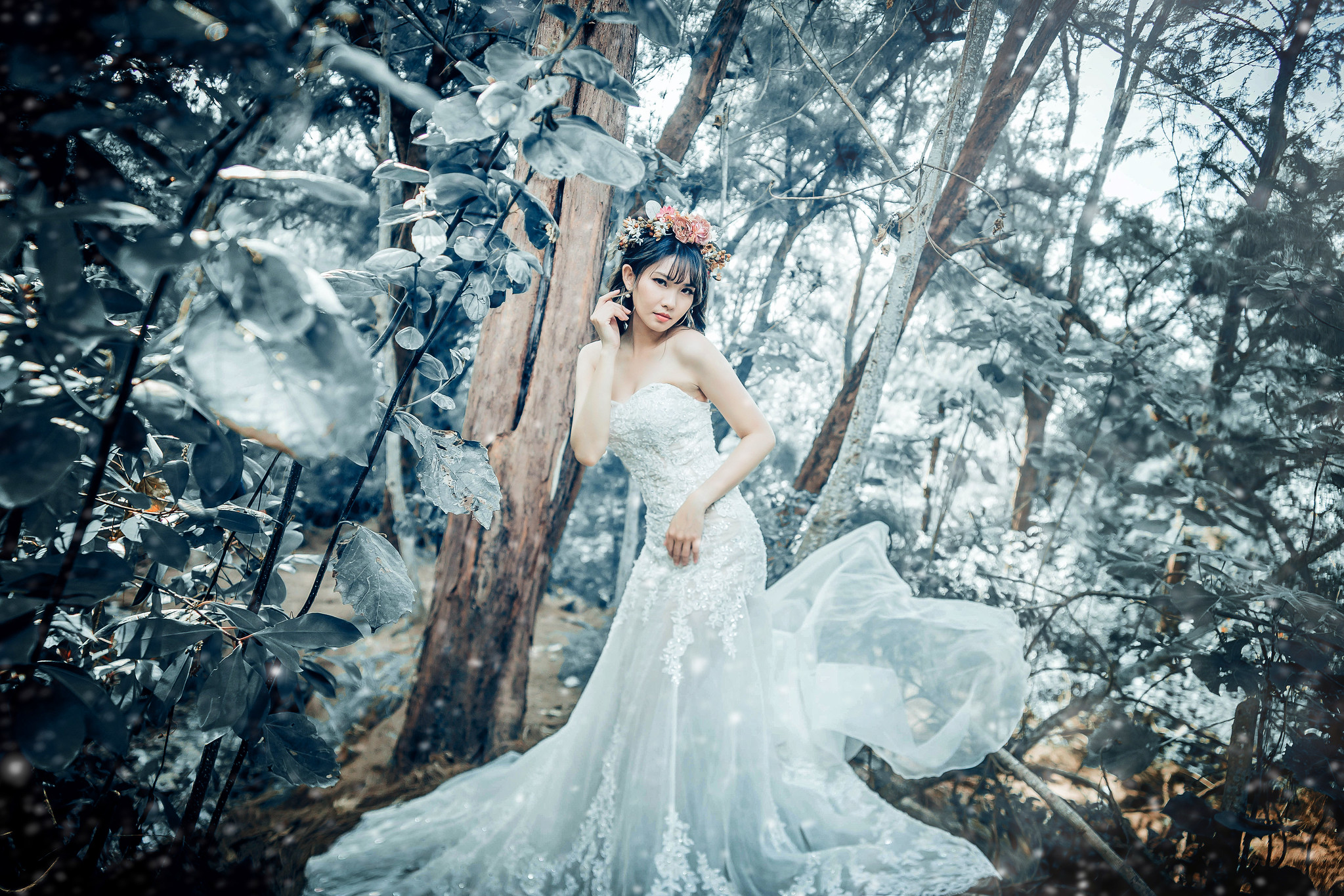 Asian Model Women Women Outdoors Black Hair Flower Crown Dress White Dress White Clothing Plants Tre 2047x1365