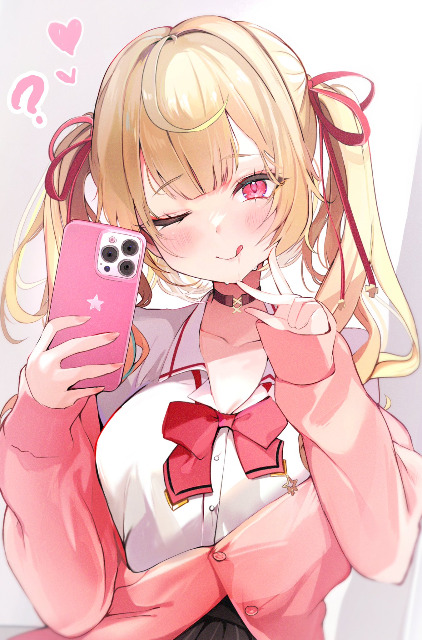 Anime Anime Girls One Eye Closed Blushing Choker Phone Blonde Red Eyes Heart Question Mark Bow Tie L 1351x2047