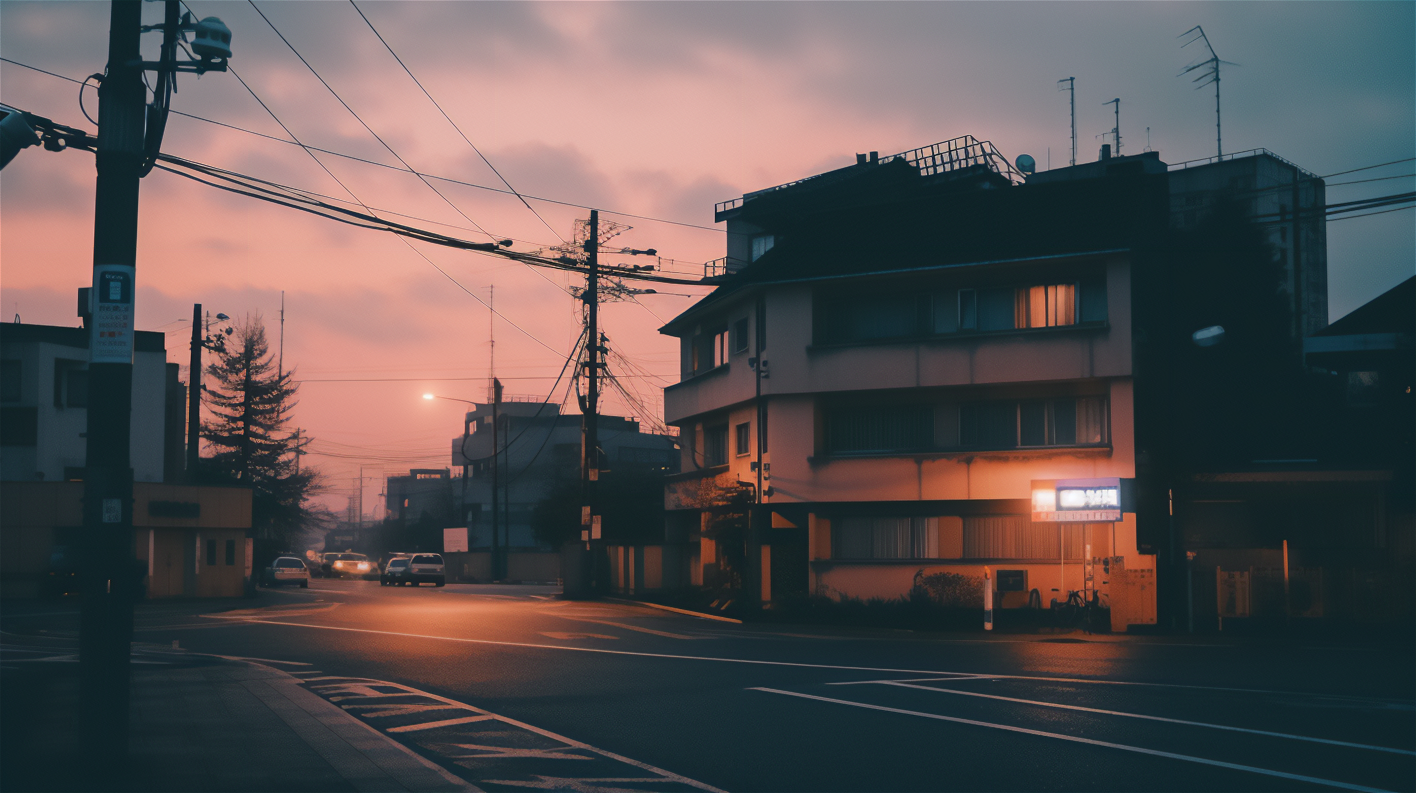 Ai Art City Street LoFi Japan Sunset Sunset Glow Building Car 2912x1632