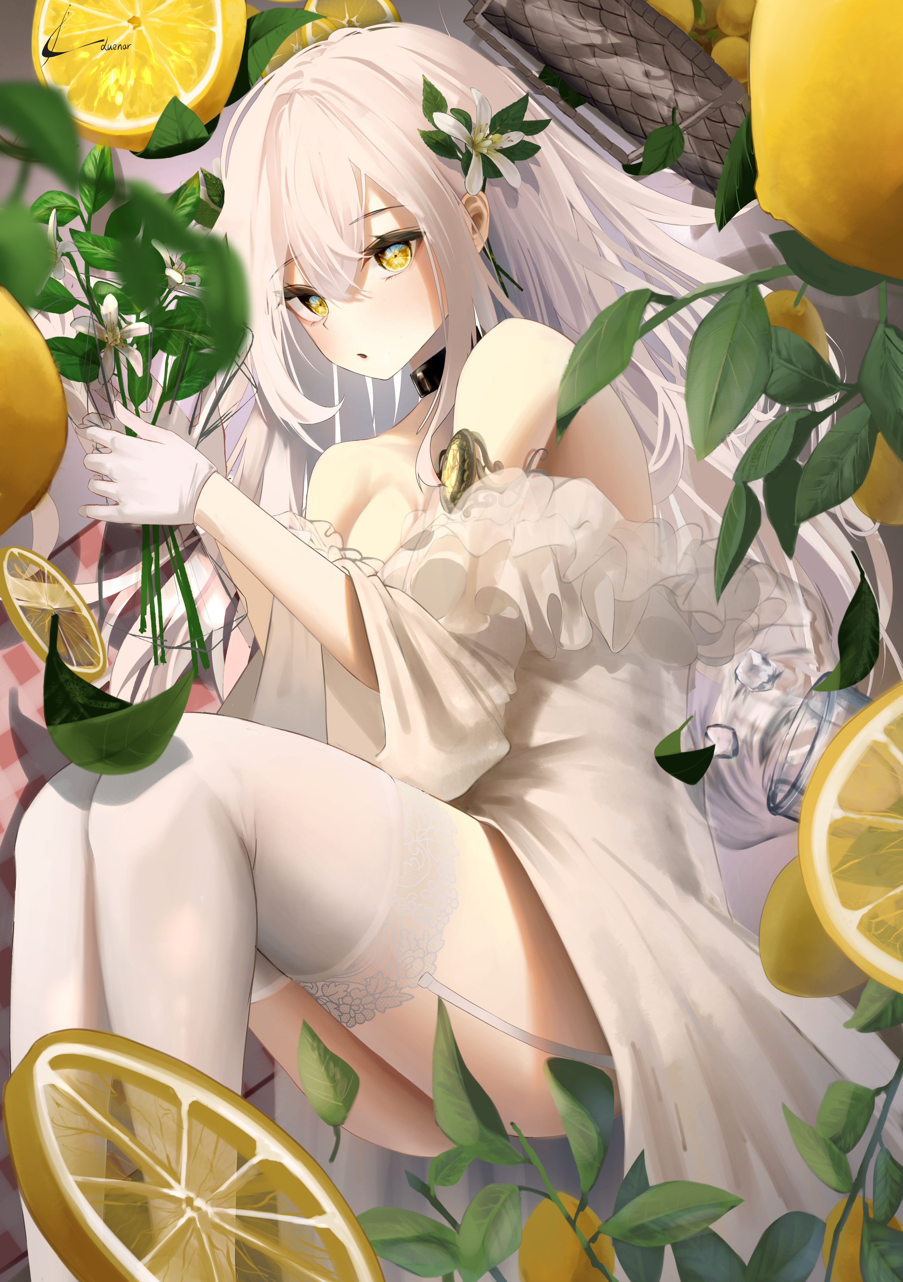 Anime Anime Girls Vertical Choker Lemons Leaves Gloves Flower In Hair 3148x4467