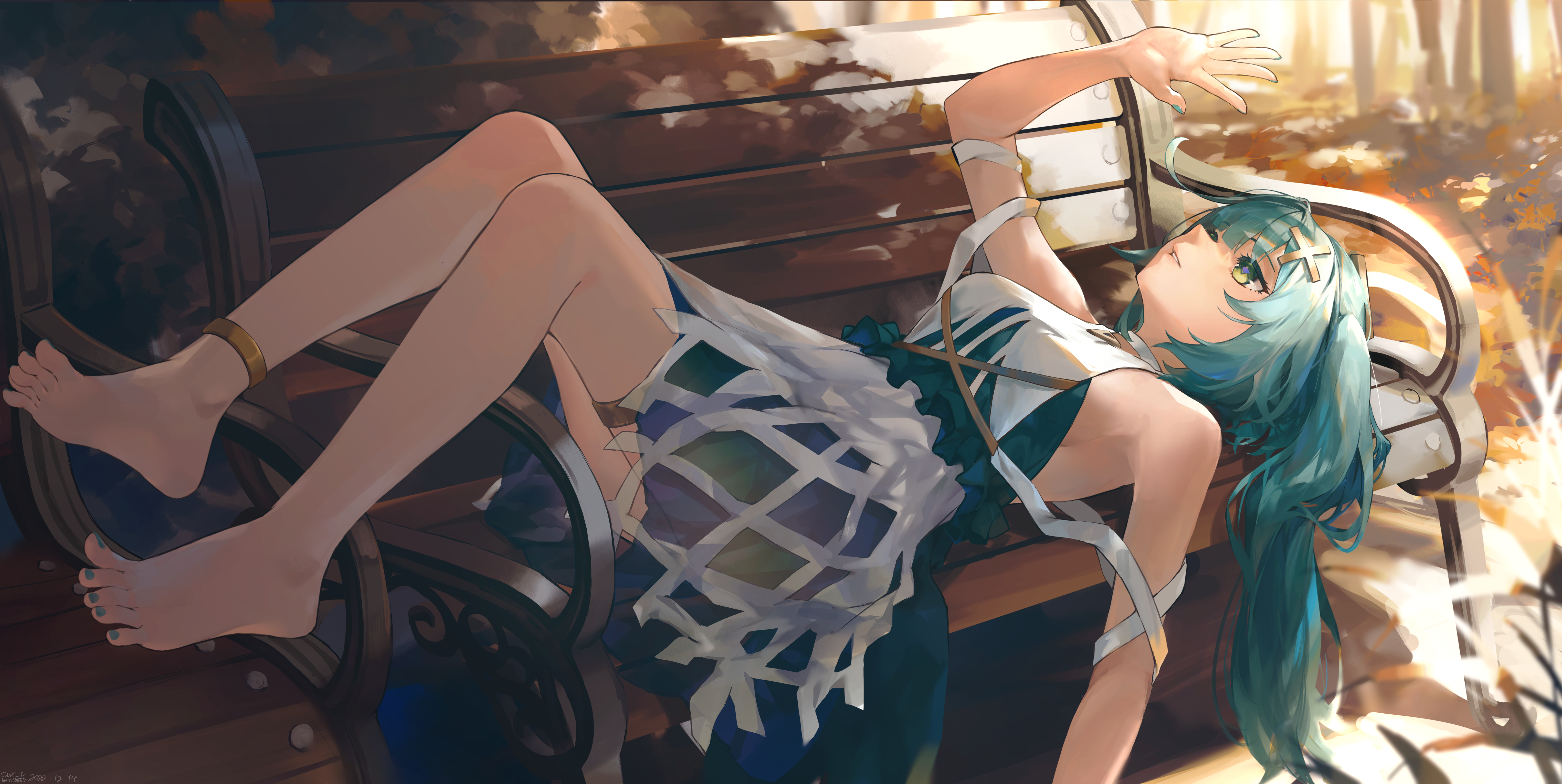 Genshin Impact Artwork Faruzan Genshin Impact Twintails Dress Barefoot Bench Leaves Anime Anime Girl 6100x3063