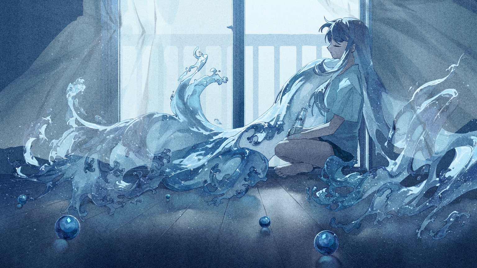 Anime Pixiv Anime Girls Water Closed Eyes Drink Long Hair Window Curtains Feet Foot Sole 1536x864