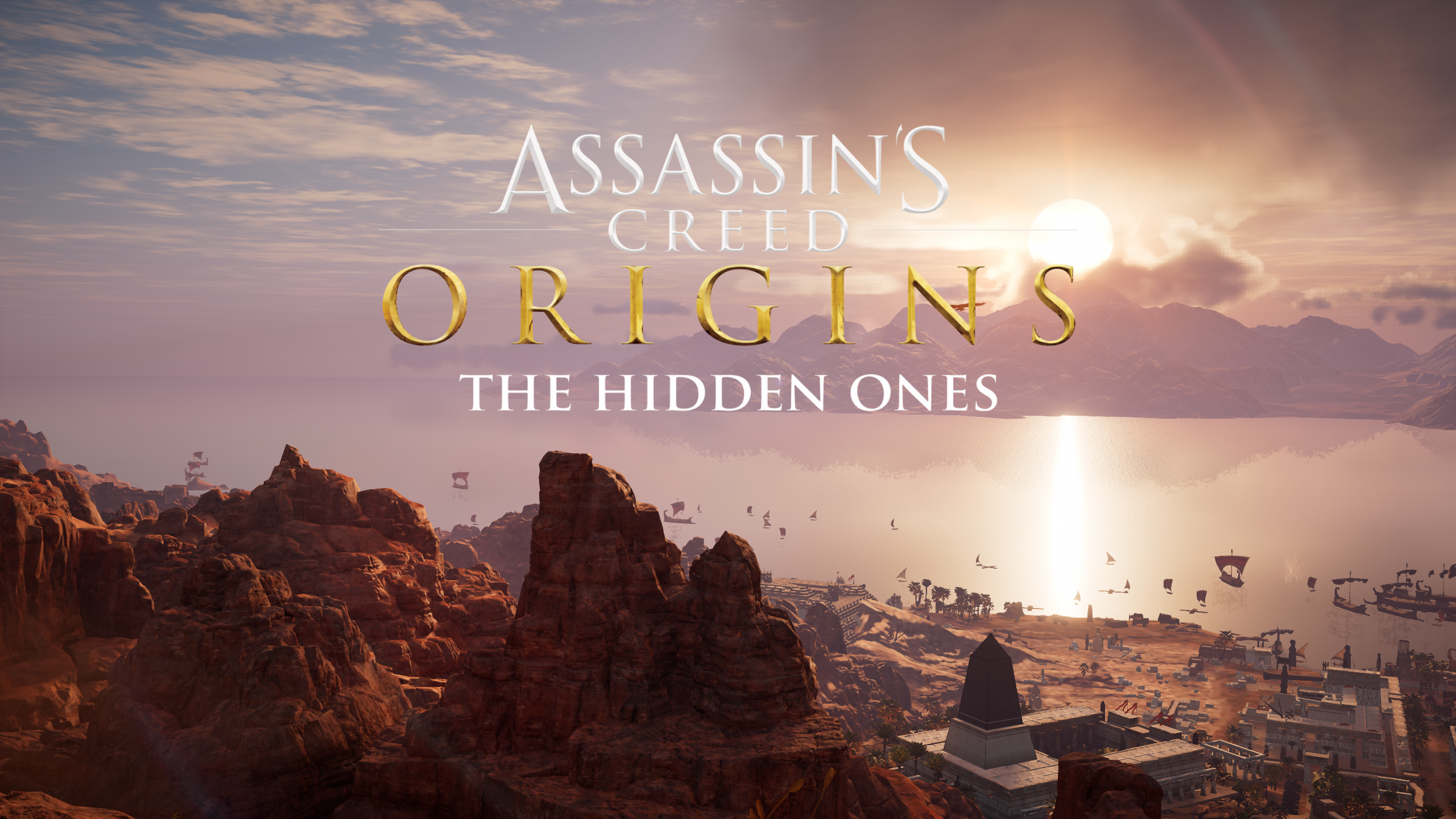 Assassin Creed Origins Title Assassins Creed Clouds Water Boat Sky Sunset Sunset Glow Building Sunli 2560x1440