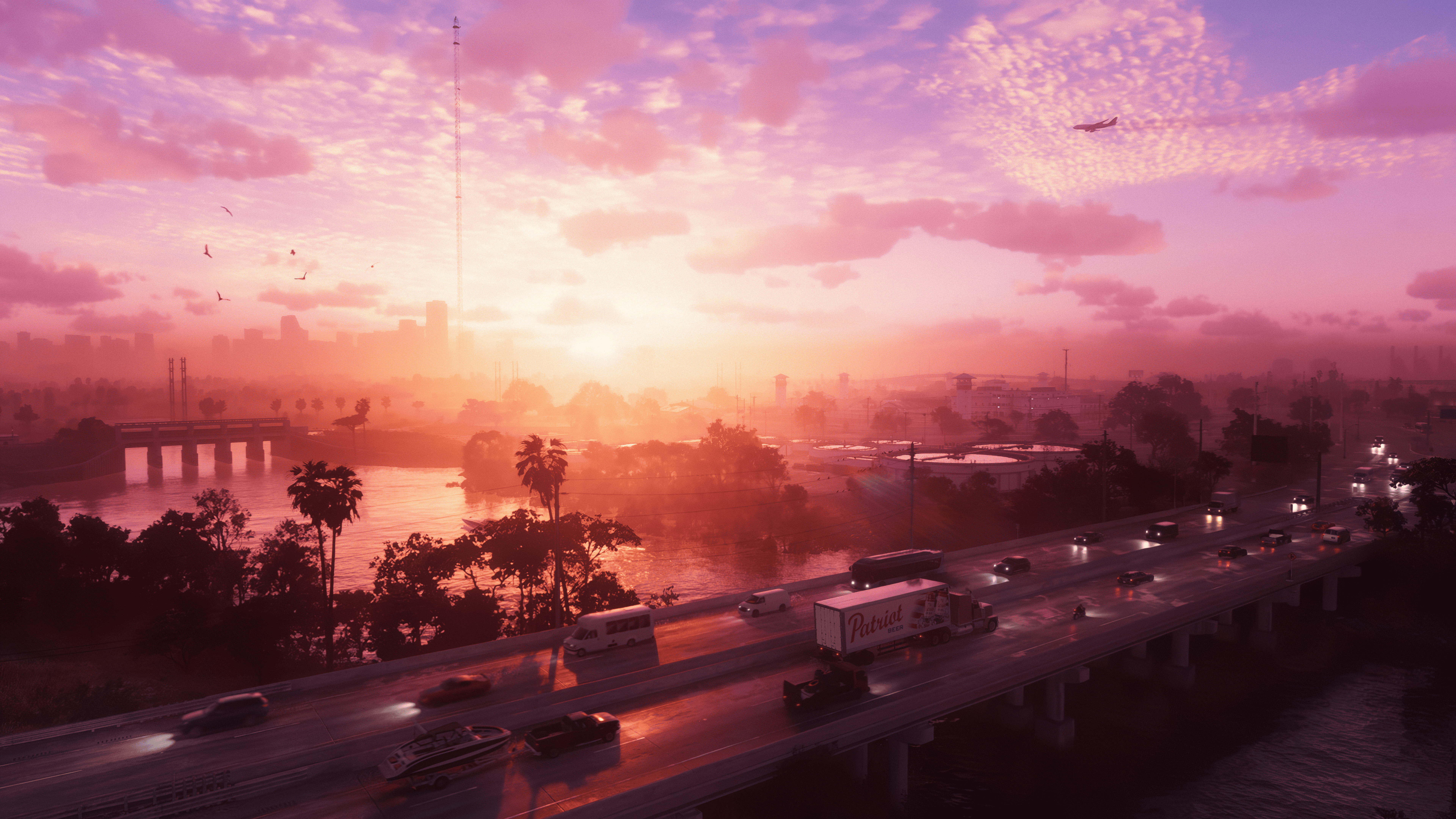 Rockstar Games Grand Theft Auto Vi Vice City Landscape Sunset Sunset Glow Bridge Clouds Highway Gran 7680x4320
