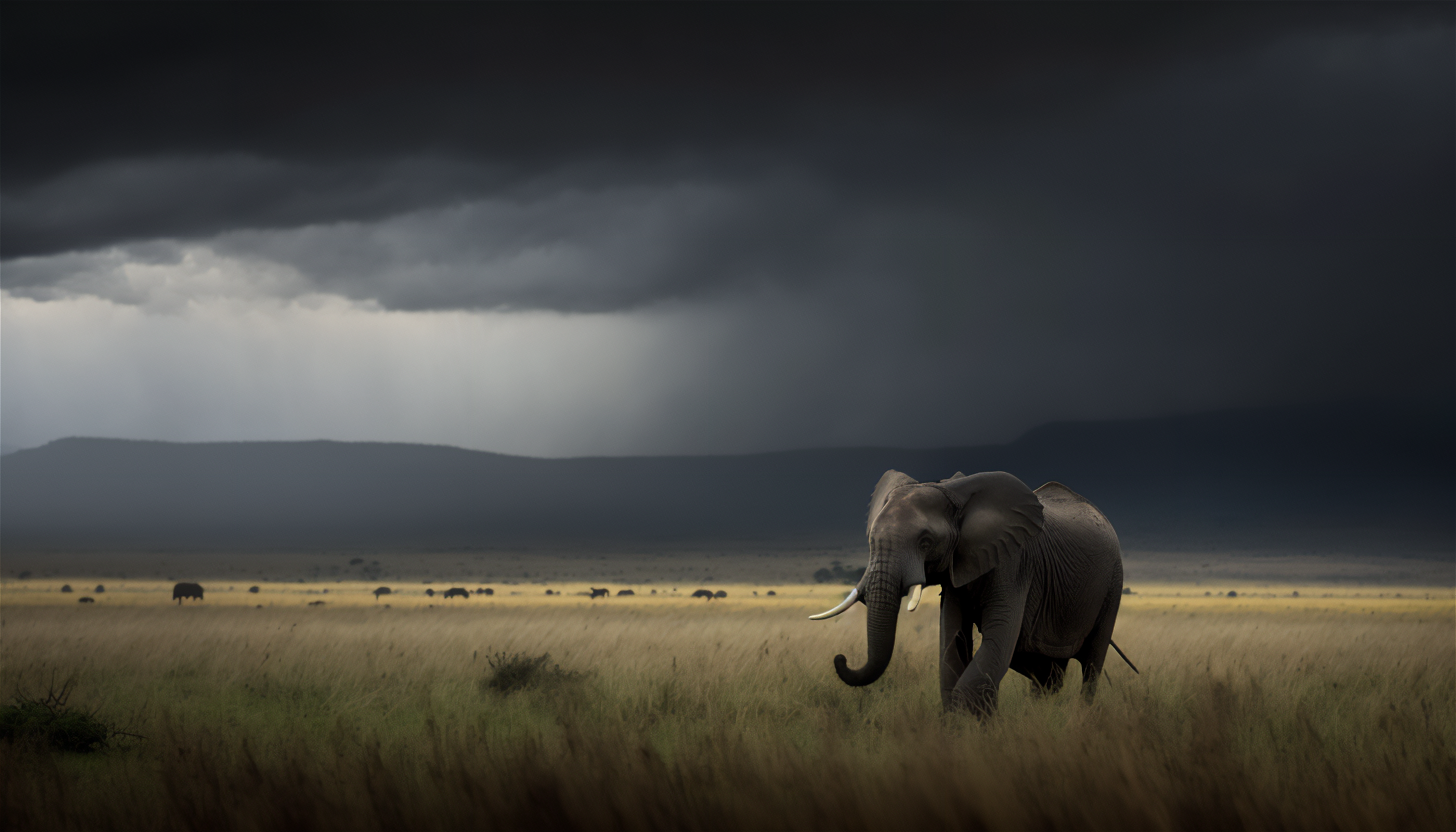 Ai Art Elephant Kenya Savannah Storm Animals Nature Sky Clouds 3136x1792